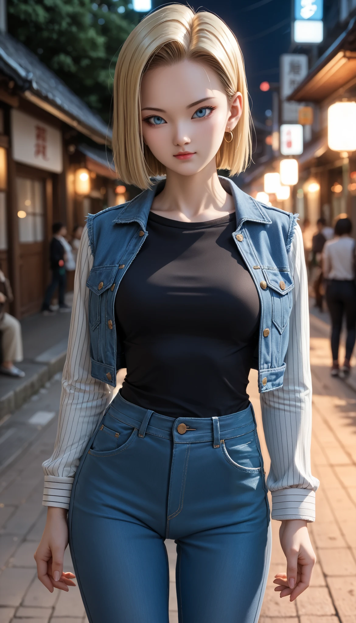 , a beautiful -yeld Jaese girl , medium breasts, with healthy appearance , The expression would be , tight clothes , Bold poses , detailed embroidery , high quality, 8k, 8k photo realistic , dramatic lighting , vivid colors ,( masterpiece , superior quality , :1.2), ( Sena Tokyo night and day ), (Alone:1.4), ( Elegant and cool , ( Confident and relaxed poses :1.3) , ( dynamic lighting , Strong contrast ) , Dragon Ball anime character ANDROID 18 , blonde , Sensual, light baby blue tight jeans , , tight black shirt, light baby blue open denim jacket , tight white striped blouse with black, white sneakers ,. full body image ,. On the back with the head turned forward
