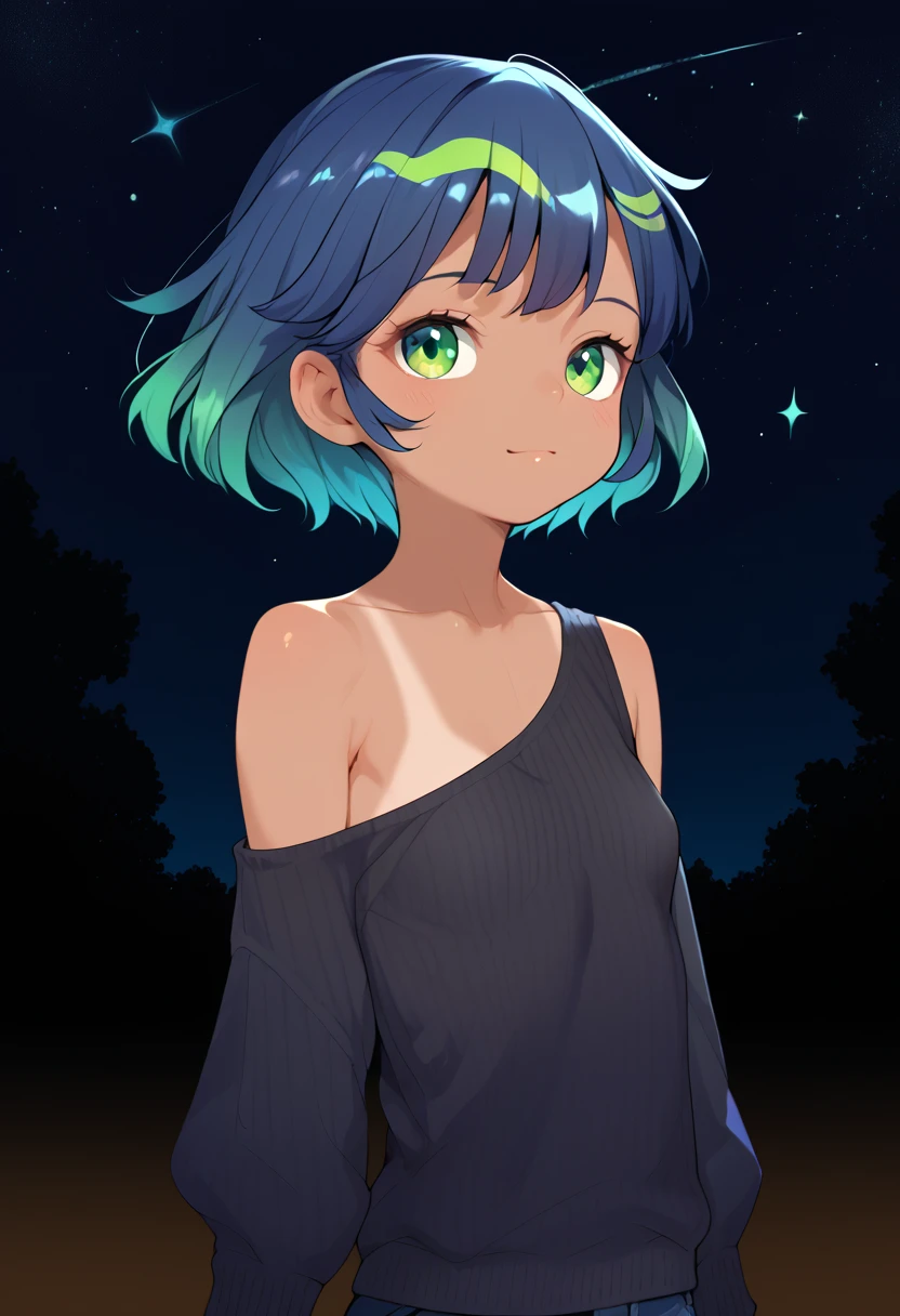 Sky, it's night, j7w_style, ((((whole body)))), the night is full of stars, there are planets in the sky, bright colors, Incredible details, Shiny hair, spectacular hair, (little), (cute), short hair, galaxy hair, green eyes, silhouette, tanned, ((small breasts)), black sweater, bare shoulder, 