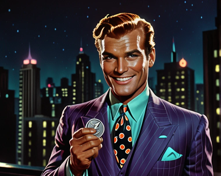 harvey dent, two-face,styled in a 1950s aesthetic, gotham city at night, realistic,smile evil,perfect smile, holding a coin