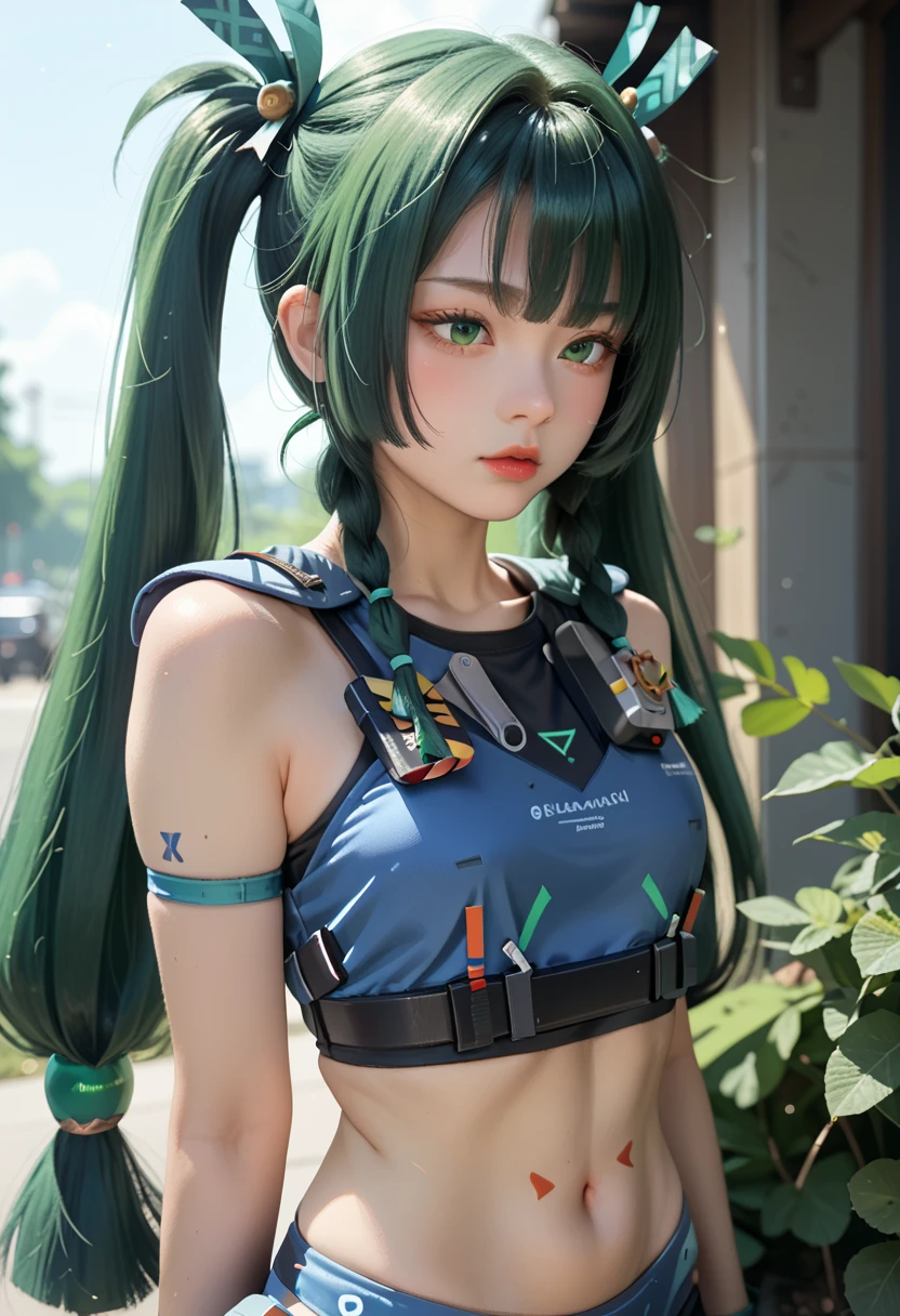 score_9_up,score_8_up,score_7_up,ZZZ_QY,1girl,solo,
green eyes,twin braids,green hair,twintails,long hair,navel,close-up,blue midriff