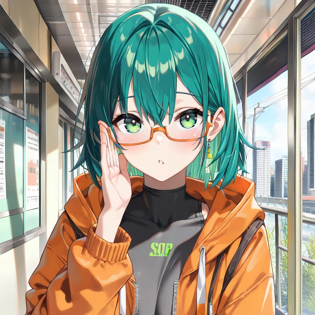 1girl, solo,((long-deepgreen-hair,green-eyes,orange-hooded-jacket,under-rim-eyewear)),
big flushing

,(irritability,masterpiece,best quality,very aesthetic,absurdres,detailed background,newest, perfect anatomy:1.2),