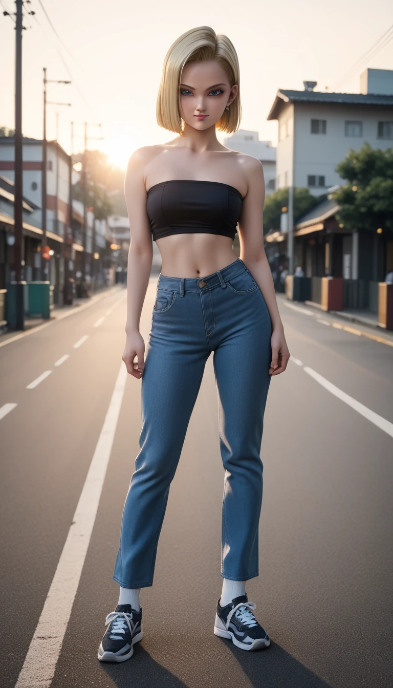 Masterece-piece, ultra high definition photo quality, special effects cinematic camera work, building street, very beautiful 5m height giant female athlete and 160cm tall pants single piece young man, pixie cut, tan, looking down and mocking, tiny micro bikini, strapless, ultra-small mini skirt, very long beautiful burly legs, barefoot, very long tongue, drooling, evil desire, very exposed skin, very beautiful sweaty skin, armpit sweat, armpit hair, looking up from below, looking up, contrast with the surroundings, dirty skin, leg scratches, dirty soles,