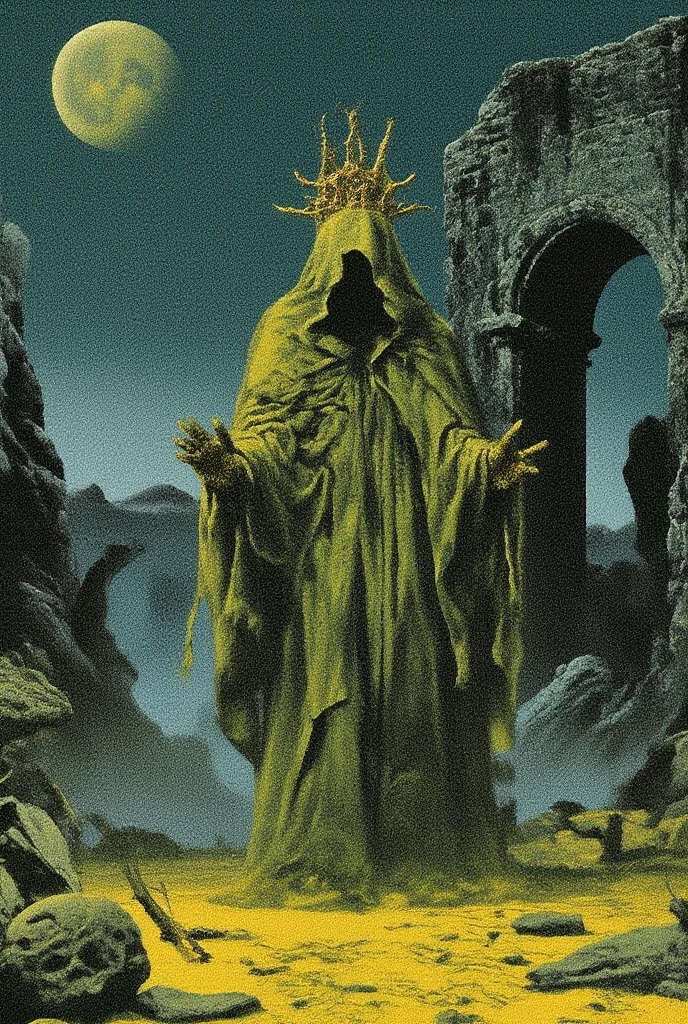 A towering figure stands draped in flowing, tattered yellow robes, his face obscured by a delicate, threadbare veil. His form radiates a quiet, unsettling power, silhouetted against a backdrop of crumbling ruins under a dim, pale moon. The golden crown on his head is jagged and ancient, barely holding together, as if it, too, is decaying with time. Around him, the landscape is barren, shrouded in mist, with fragments of forgotten symbols etched into the ground. His presence feels heavy, as if reality itself bends under the weight of his existence, casting an eerie, melancholic atmosphere over the scene, illust、art、from 80s horror movie, directed by Junji Ito、high detail, realsitic shadow、Analog style, vhs style, 8mm film, chromatic aberration, Dvd screengrab、Surrealism
