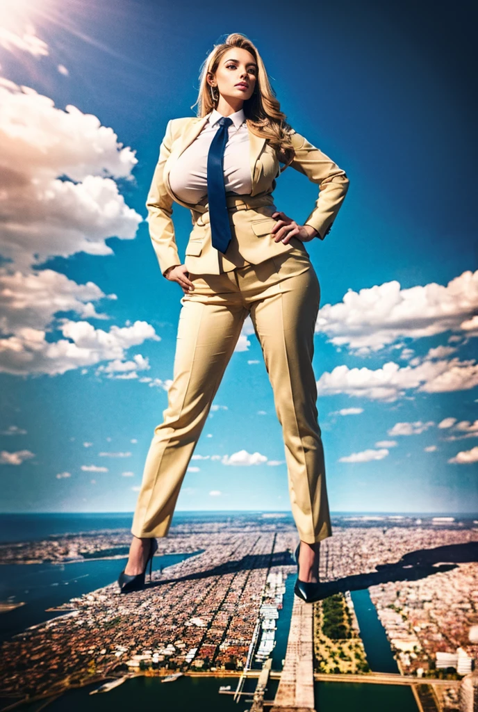 Looking up at the approaching young giantess, Giantess art, 500 miles tall giga giantess, young sophisticated and stylish woman in a light grey italian pinstriped trouser suit, form fitting crisp office shirt, and a large wide yellow necktie in a windsor knot, with a beautiful, curvaceous figure, large natural breasts, and long wavey blonde hair, with a curvaceous figure and massive breasts. wearing blue rounded court high heels with uncovered feet and standing, rampage-like pose, with a city skyscrapers background of mega-city, skyscapers, partially obscured by a hazy, cloudy atmosphere. The image is a high-resolution, masterpiece-quality, cinematic, ultra-detailed, and hyper-photorealistic photograph, with perfect hands, face, and lighting. ultra-detailed, 8K, photo-realistic, hyper-realistic, masterpiece, intricate details, full body view. Looking at camera, The image is a high-resolution, masterpiece-quality, cinematic, ultra-detailed, and hyper-photorealistic photograph, with perfect hands, face, and lighting. ultra-detailed, 8K, photo-realistic, hyper-realistic, masterpiece, intricate details,