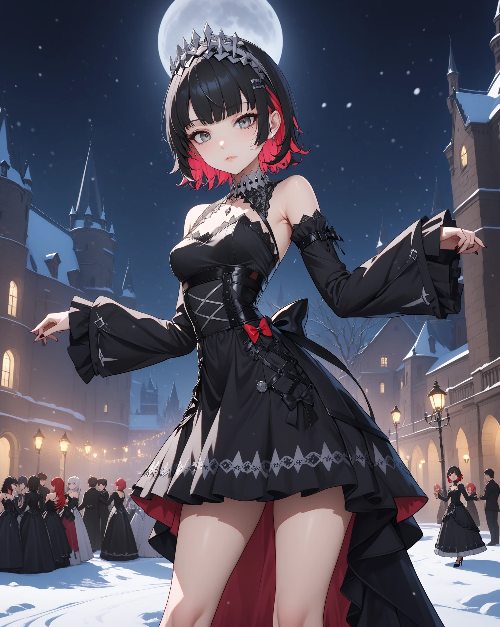 score_9, score_8_up, score_9_up, 1girl, source_anime, close up photo,  beautiful face, ellenjoe, night, passionless,  closed mouth, ellen joe, black hair, moonlight, party, night. winter,  party, fantasy party, fantasy night dress, night party, snow, sexy body, very small breasts,  colored inner hair, multicolored hair, grey eyes, total black outfit, dark place, dancing alone, sadistic eyes, red hair,  shoes pumps black, short hair,  two-tone hair, shoulders covered, shoulders covered by the dress, not loooking at the viewer, winter long dress, dance long dress, gothic dress, winter dress, cozy dress, ghotic lolita dress, sideboobs, ghotic dress, lace black dress, winter dress, cozy dress, covered shoulders, black dance dress, ghotic skirt, silver corset, dress for dancing, winter sleeves, glitter in the corset, shoulders covered by sleeves, long sleeves, long shirt, black corset with silver decorations, gala elegant dress, winter dress, elegant dress, long skirt dress, night, arms behind her back, lace collar, sexy body,  small breasts, two-tone hair,  beautiful eyes, beautiful legs, sexy legs, solo, fantasy world, night, beautiful eyes