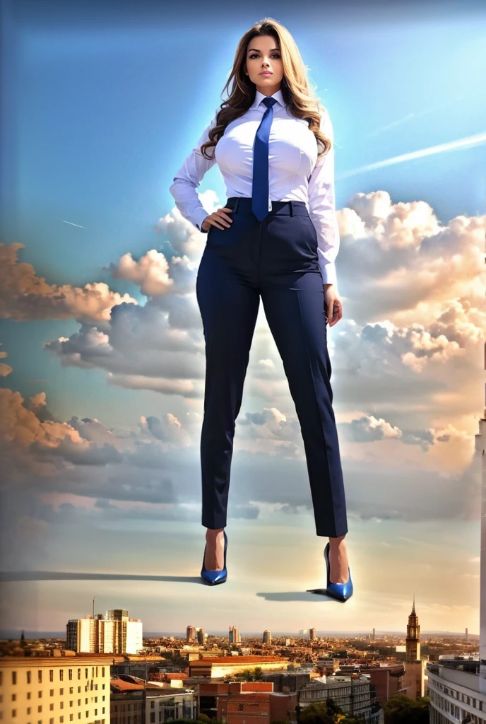 Looking up at the approaching young giantess, Giantess art, 500 miles tall giga giantess, young sophisticated and stylish woman in a light grey italian pinstriped trouser suit, form fitting crisp office shirt, and a large wide yellow necktie in a windsor knot, with a beautiful, curvaceous figure, large natural breasts, and long wavey blonde hair, with a curvaceous figure and massive breasts. wearing blue rounded court high heels with uncovered feet and standing, rampage-like pose, with a city skyscrapers background of mega-city, skyscapers, partially obscured by a hazy, cloudy atmosphere. The image is a high-resolution, masterpiece-quality, cinematic, ultra-detailed, and hyper-photorealistic photograph, with perfect hands, face, and lighting. ultra-detailed, 8K, photo-realistic, hyper-realistic, masterpiece, intricate details, full body view. Looking at camera, The image is a high-resolution, masterpiece-quality, cinematic, ultra-detailed, and hyper-photorealistic photograph, with perfect hands, face, and lighting. ultra-detailed, 8K, photo-realistic, hyper-realistic, masterpiece, intricate details,