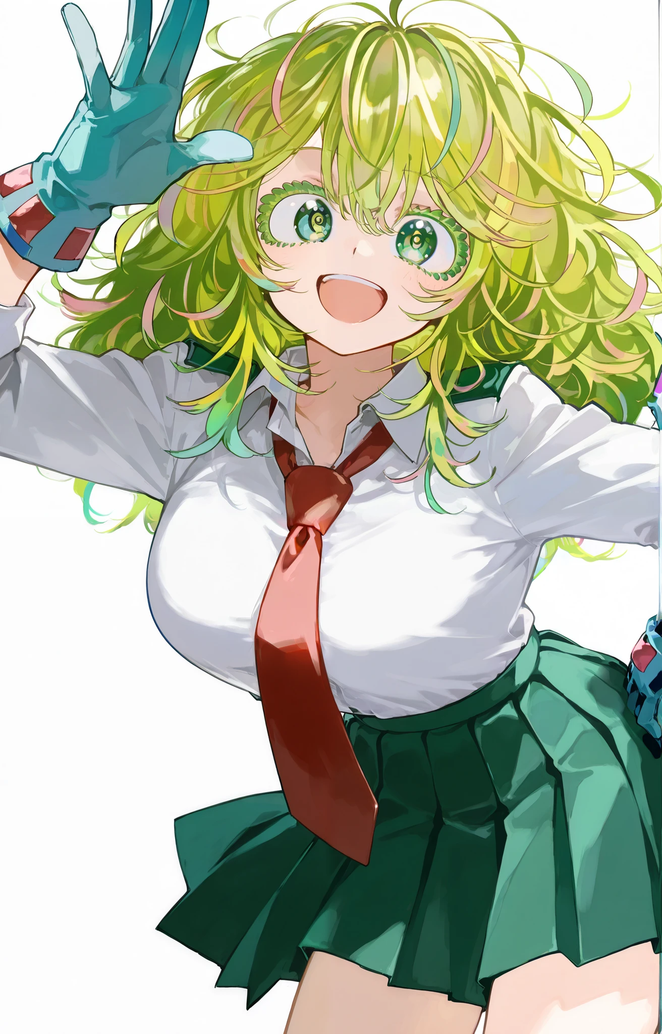 score_9,score_8_up,score_7_up ,hagakure tooru, 1girl, :d, collared shirt, gloves, green eyes, green hair, green skirt, looking at viewer, messy hair, multicolored hair, necktie, open mouth, pleated skirt, red necktie, school uniform, shirt, simple background, skirt, smile, solo, standing, two-tone hair, u.a. school uniform, unusually visible, white background, white shirt,long eyelashes