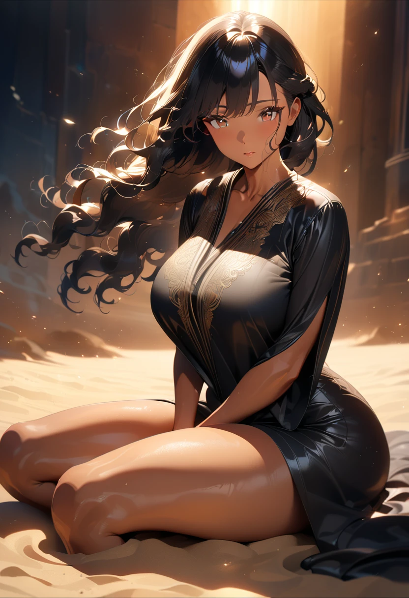 masterpiece, best quality, ultra-detailed, 4k quality, ultra HD, hyper-detailed, photorealistic lighting, intricate textures, cinematic shading, dynamic composition, anime style, soft lighting, high contrast, vibrant colors, 1girl, black hair, long wavy hair, flowing strands, striking brown eyes, kohl-lined eyes, soft gaze, elegant features, (tan skin: 1.1), wearing a tight black abaya, intricate embroidery on abaya, subtle fabric folds, sitting on golden sand, realistic sand texture, kneading clothes, graceful posture, serene expression, warm desert lighting, glowing atmosphere, depth of field, professional anime anesthetics, (anime_style: 1.3), (plump lips: 0.9), perfect hands, perfect face, perfect anatomy, big breasts, thick thighs 