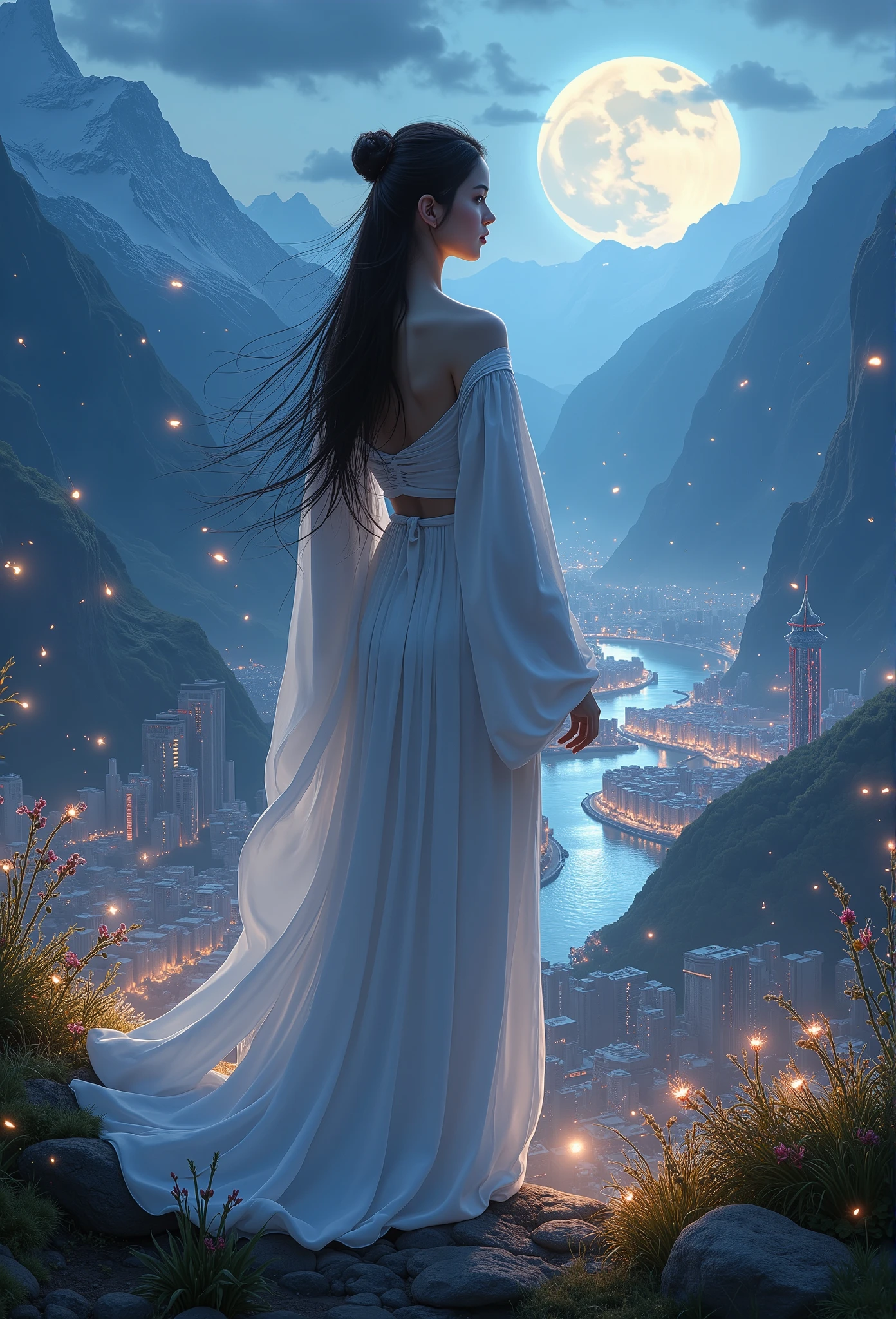 best quality, 4k, 8k, highres, masterpiece:1.2, ultra-detailed, realistic, photorealistic, photo-realistic:1.37, 1girl, extremely detailed face, (upper body:1.6), cyberpunk city, mountains and river, night, fireflies, realistic, highly detailed, (white hanfu:1.2), (beautiful body:1.4)