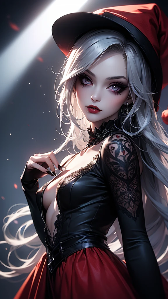  top quality , gothic woman ,Ultra slim,Tattoo,A seductive face( dark makeup), points the viewer(A particle of light at your fingertips ), small breasts( Long Lip Head),Santa hat