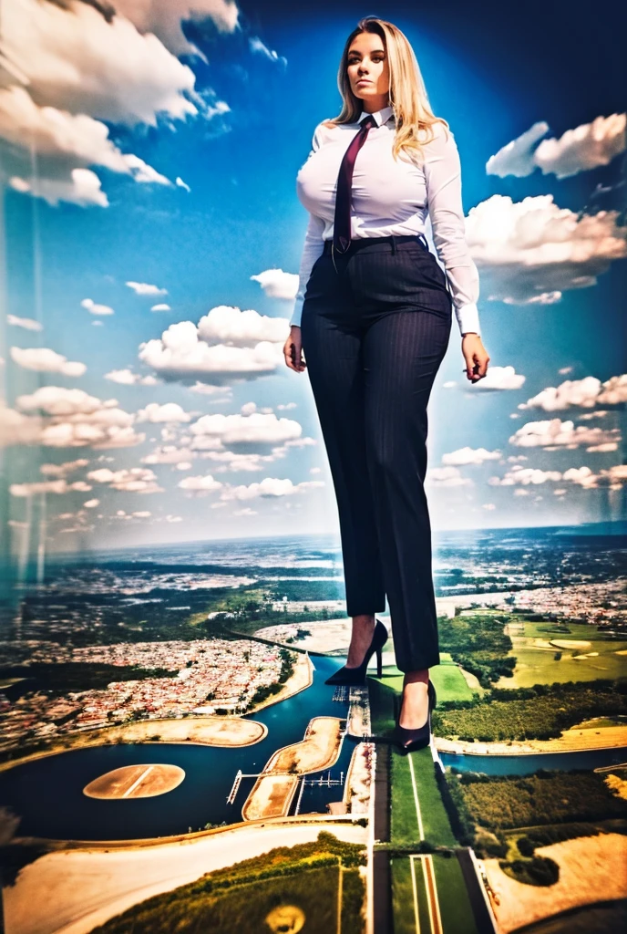 Looking up at the approaching young giantess, Giantess art, 500 miles tall giga giantess, young sophisticated and stylish woman in a light grey italian pinstriped trouser suit, form fitting crisp office shirt, and a large wide yellow necktie in a windsor knot, with a beautiful, curvaceous figure, large natural breasts, and long wavey blonde hair, with a curvaceous figure and massive breasts. wearing blue rounded court high heels with uncovered feet and standing, rampage-like pose, with a city skyscrapers background of mega-city, skyscapers, partially obscured by a hazy, cloudy atmosphere. The image is a high-resolution, masterpiece-quality, cinematic, ultra-detailed, and hyper-photorealistic photograph, with perfect hands, face, and lighting. ultra-detailed, 8K, photo-realistic, hyper-realistic, masterpiece, intricate details, full body view. Looking at camera, The image is a high-resolution, masterpiece-quality, cinematic, ultra-detailed, and hyper-photorealistic photograph, with perfect hands, face, and lighting. ultra-detailed, 8K, photo-realistic, hyper-realistic, masterpiece, intricate details,