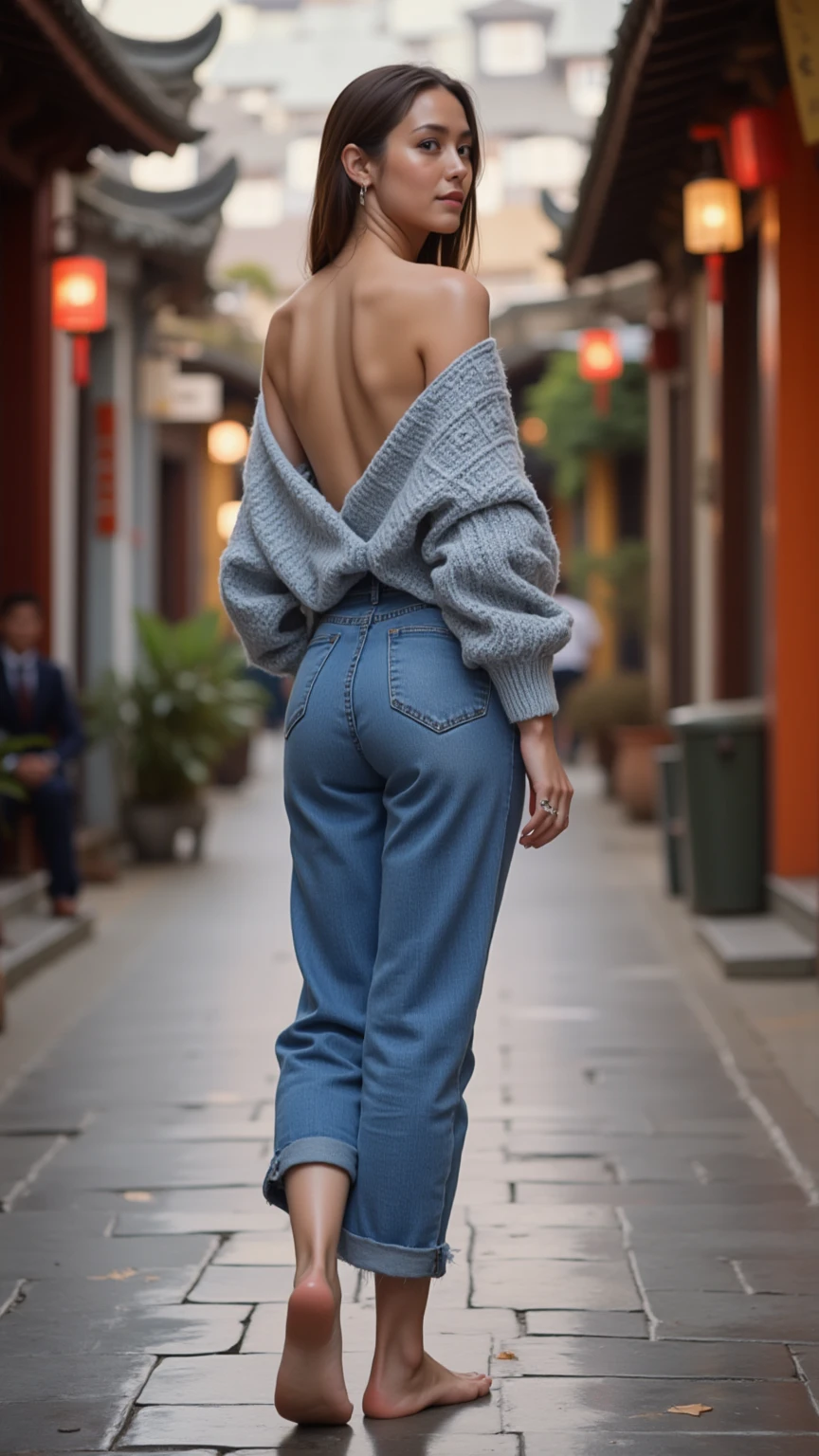 Best Quality, Realistic, Detailed, A scandinavian Lady, (rear view:1.5), (standing with open legs,  legs apart, thigh gap:1.5), thigh gap, Realistic skin texture with visible pores, Exist in reality, Vivid colors, Studio Lighting, (Blue summer knit sweater with decorative stitching on the shoulders), Denim jeans, Stylish back alleys of Zhuanghua Street, Street lined with traditional teahouses, Graceful pose, Small Hair Accessories, Delicate Makeup, mesmerizing eyes, Gentle smile, peaceful ambiance, medium chest, cleavage of the breast, Toned waist and thighs