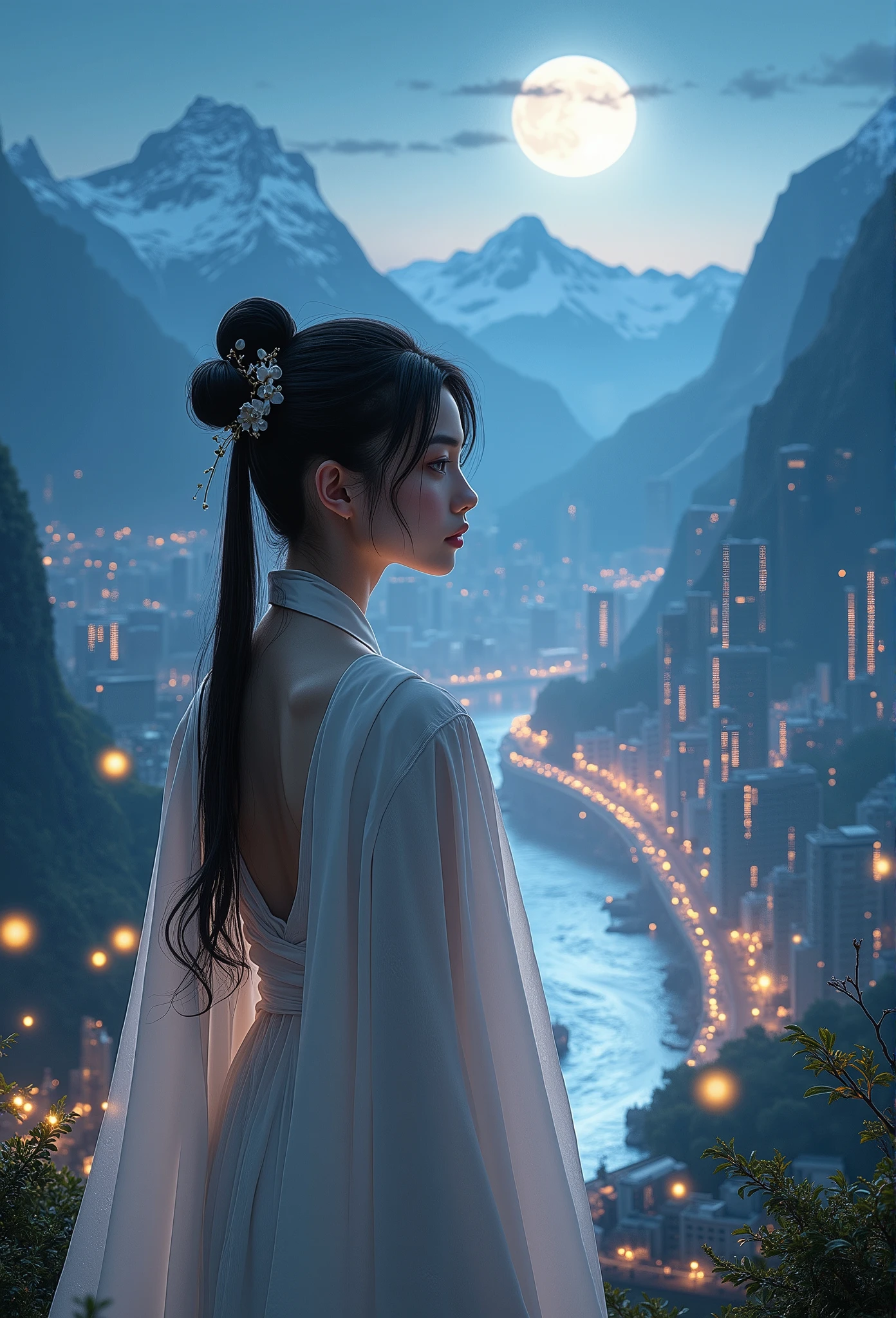 best quality, 4k, 8k, highres, masterpiece:1.2, ultra-detailed, realistic, photorealistic, photo-realistic:1.37, 1girl, extremely detailed face, (upper body:1.6), cyberpunk city, mountains and river, night, fireflies, realistic, highly detailed, (white hanfu:1.2), (beautiful body:1.4)