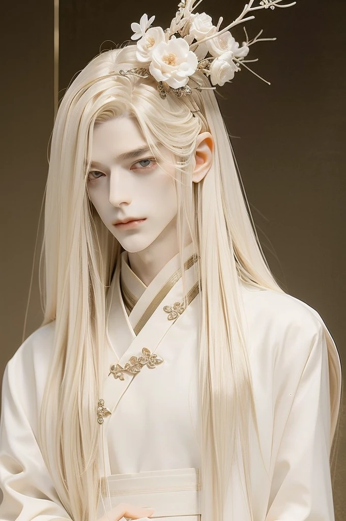 A pretty handsome, delicate, Skinny Male, Very long light blonde hair, bloody red eyes, Slender and thin body, (((Full body))), standing in front of the mountain, Delicate and soft facial features, Soft_light, pointy ears, ((sinister smile)), he's wearing white long chinese hanfu