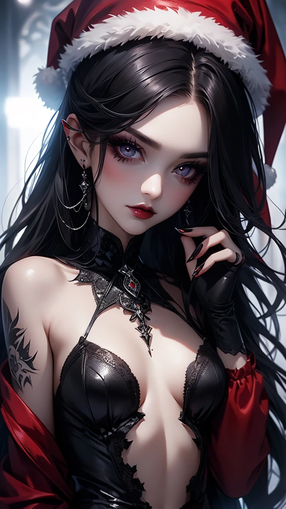  top quality , gothic woman ,Ultra slim,Tattoo,A seductive face( dark makeup), points the viewer(A particle of light at your fingertips ), small breasts( Long Lip Head),Santa hat