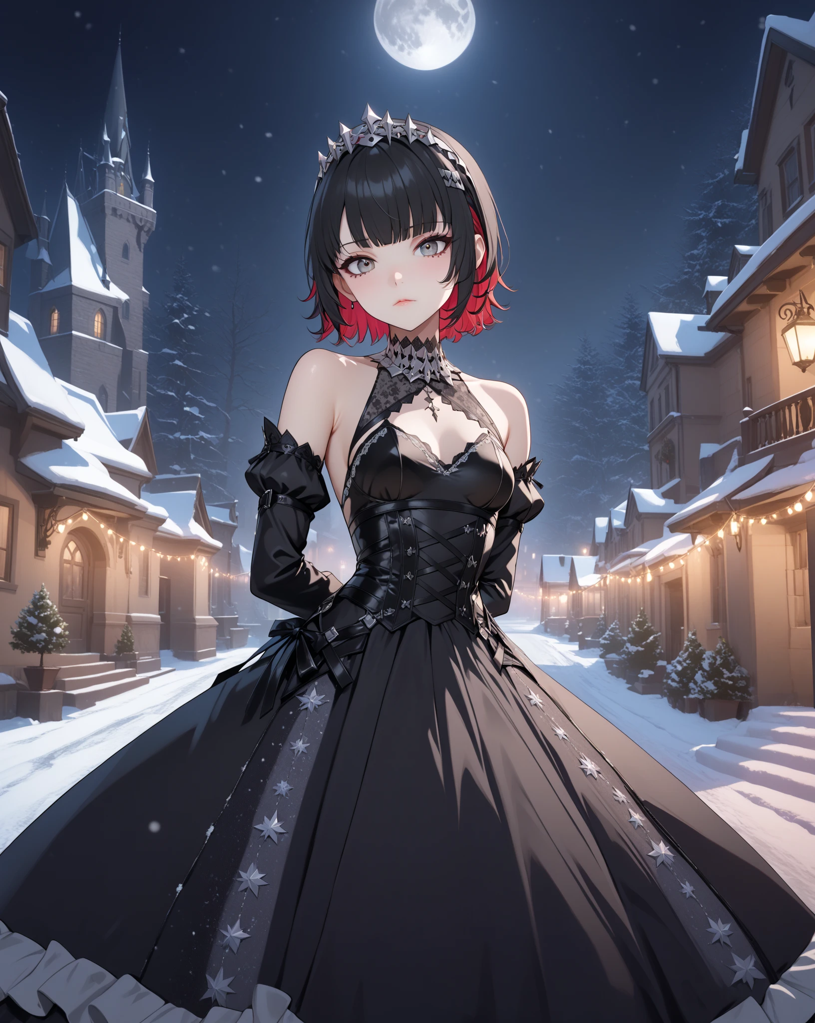 score_9, score_8_up, score_9_up, 1girl, source_anime, close up photo,  beautiful face, ellenjoe, night, passionless,  closed mouth, ellen joe, black hair, moonlight, party, night. winter,  party, sideboobs, fantasy party, fantasy night dress, night party, snow, sexy body, very small breasts,  colored inner hair, multicolored hair, grey eyes, total black outfit, dark place, dancing alone, sadistic eyes, red hair,  shoes pumps black, short hair,  two-tone hair, shoulders covered, shoulders covered by the dress, not loooking at the viewer, winter long dress, dance long dress, gothic dress, winter dress, cozy dress, ghotic lolita dress, sideboobs, ghotic dress, lace black dress, winter dress, cozy dress, covered shoulders, black dance dress, ghotic skirt, silver corset, dress for dancing, winter sleeves, glitter in the corset, shoulders covered by sleeves, long sleeves, long shirt, black corset with silver decorations, gala elegant dress, winter dress, elegant dress, long skirt dress, night, arms behind her back, lace collar, sexy body,  small breasts, two-tone hair,  beautiful eyes, beautiful legs, sexy legs, solo, fantasy world, night, beautiful eyes