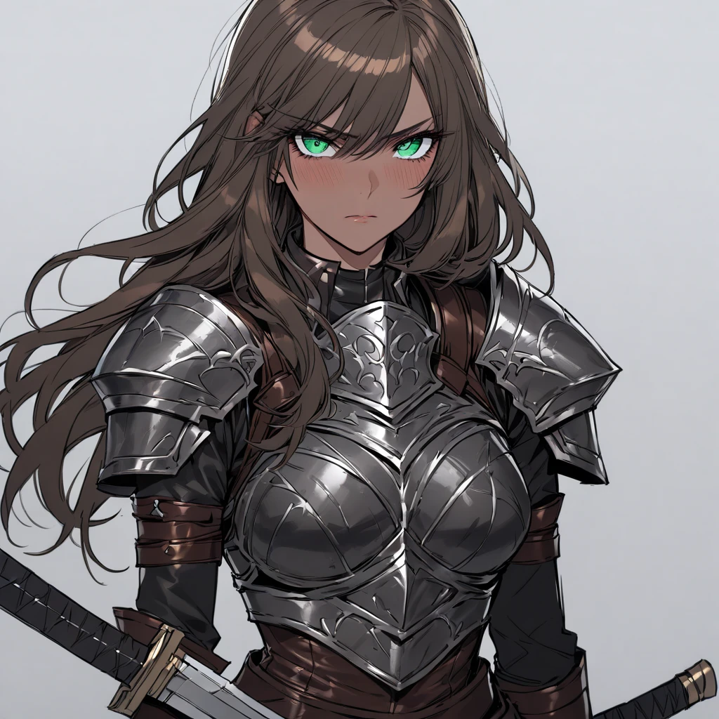 girl, mercenary, holding a sword, dark skinned, masterpiece, perfect hands, green eyes, long hairs, brown hair, blushing, serious expressioni, extremaly detailed eyes, leather armor, ratatatat74, looking at viewer, no helmet, simple sword