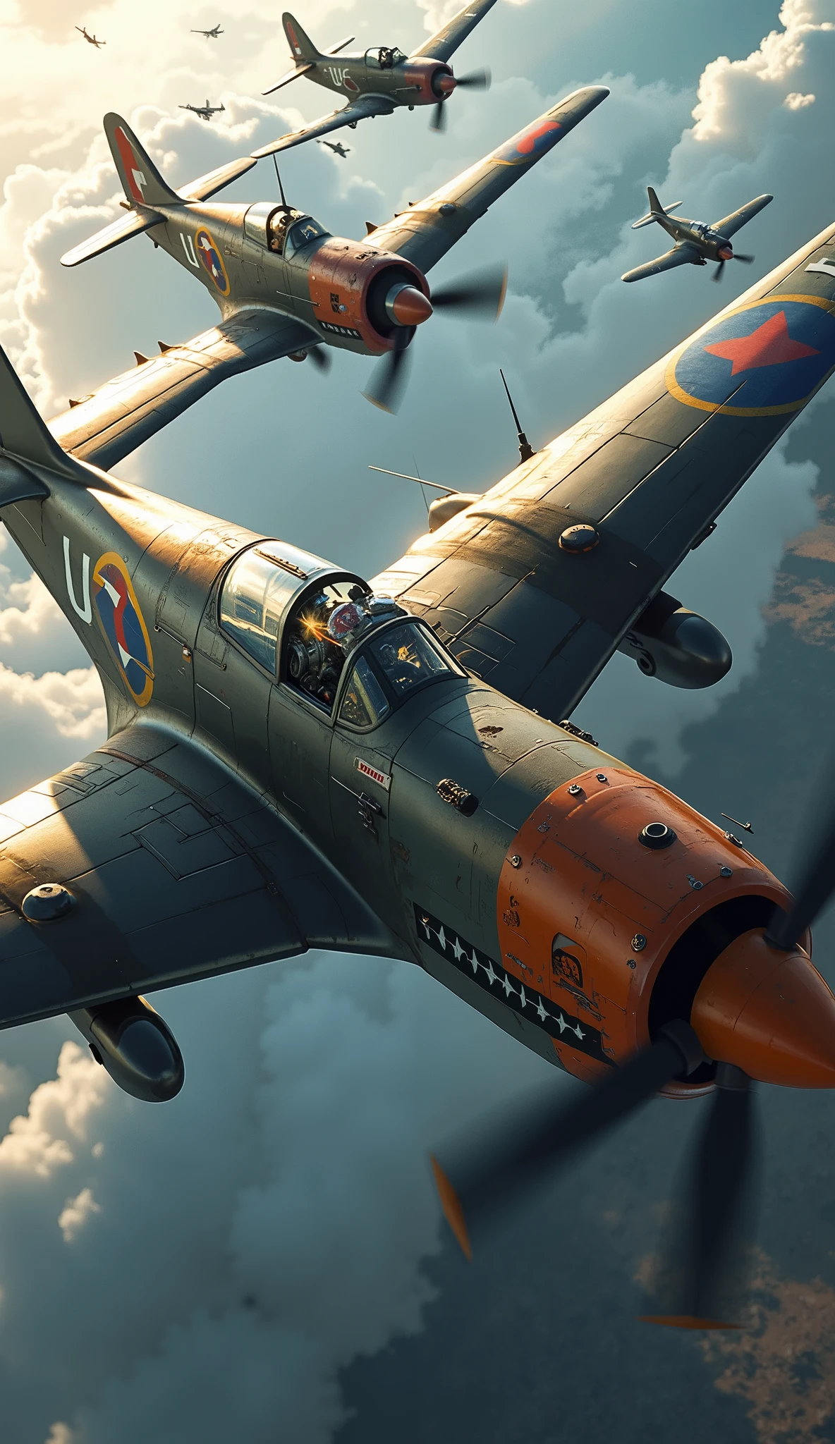 (Reciprocating fighter aerial combat, Highly maneuverable and dynamic), (a highly detailed, hyper-realistic illustration of world war ii aircraft, full cowling), , intricate machinery, complex engineering, detailed weathering, atmospheric lighting, photorealistic, cinematic composition, dramatic lighting, volumetric fog, depth of field, ultra-detailed, masterpiece, 8k, high resolution