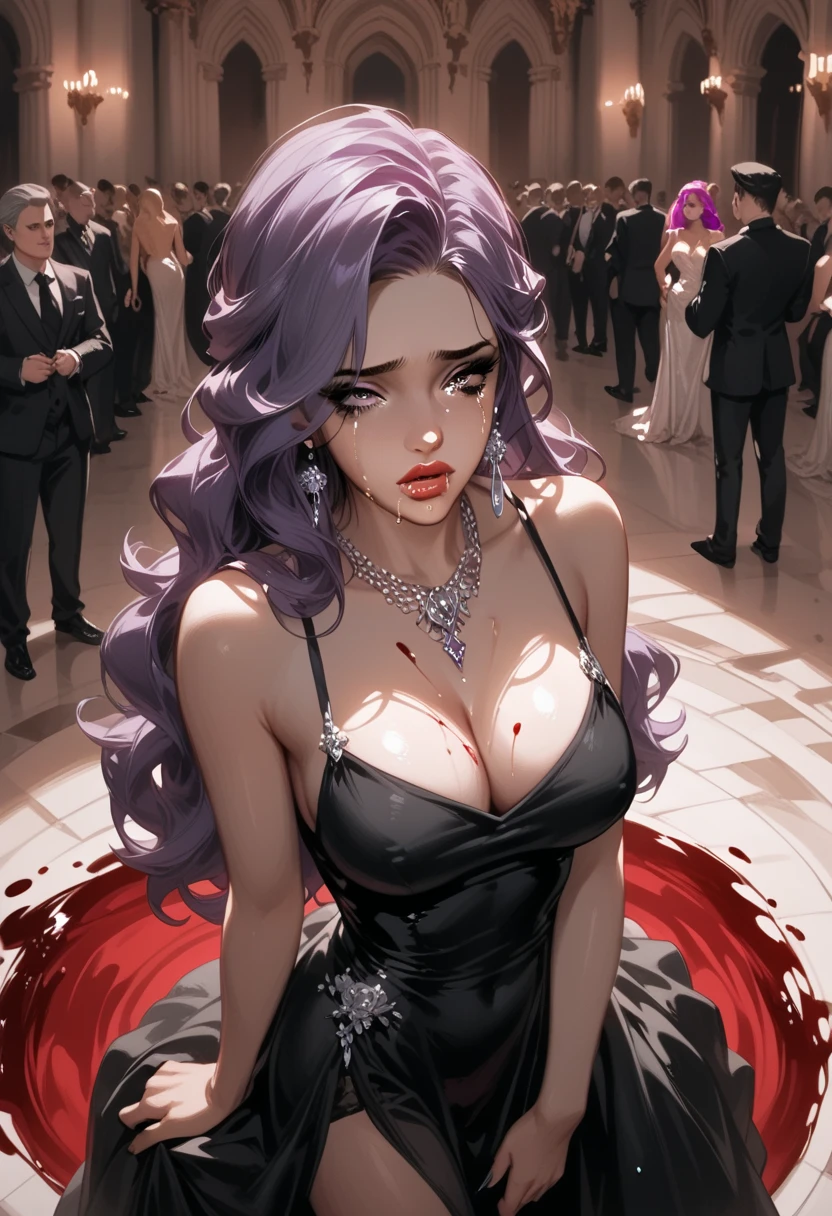  score_9,  score_8_above,  score_7_above,  source  _animated, arrogant,girl, very elegant, expressive eyes, Nostalgic girl,  semi-transparent dress,  black dress , in a palace, dramatic light (dramatic light),  thick hair,  purple hair, ,delicate woman, dark people dancing in the background, Dark atmosphere, mysterious, spilled blood, Crying girl