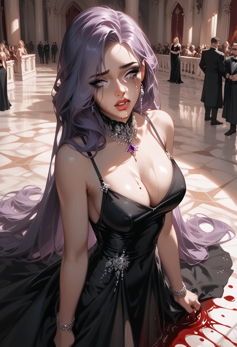  score_9,  score_8_above,  score_7_above,  source  _animated, arrogant,girl, very elegant, expressive eyes, Nostalgic girl,  semi-transparent dress,  black dress , in a palace, dramatic light (dramatic light),  thick hair,  purple hair, ,delicate woman, dark people dancing in the background, Dark atmosphere, mysterious, spilled blood, Crying girl