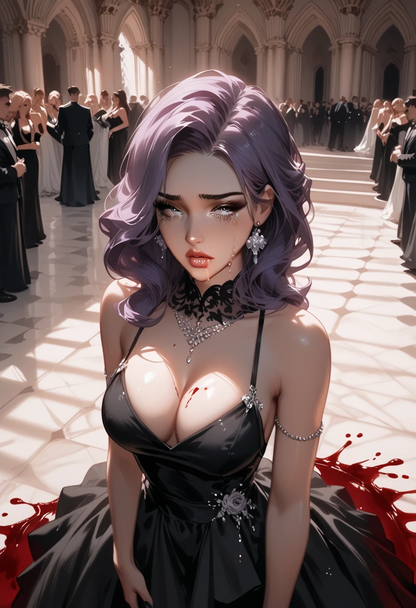  score_9,  score_8_above,  score_7_above,  source  _animated, arrogant,girl, very elegant, expressive eyes, Nostalgic girl,  semi-transparent dress,  black dress , in a palace, dramatic light (dramatic light),  thick hair,  purple hair, ,delicate woman, dark people dancing in the background, Dark atmosphere, mysterious, spilled blood, Crying girl