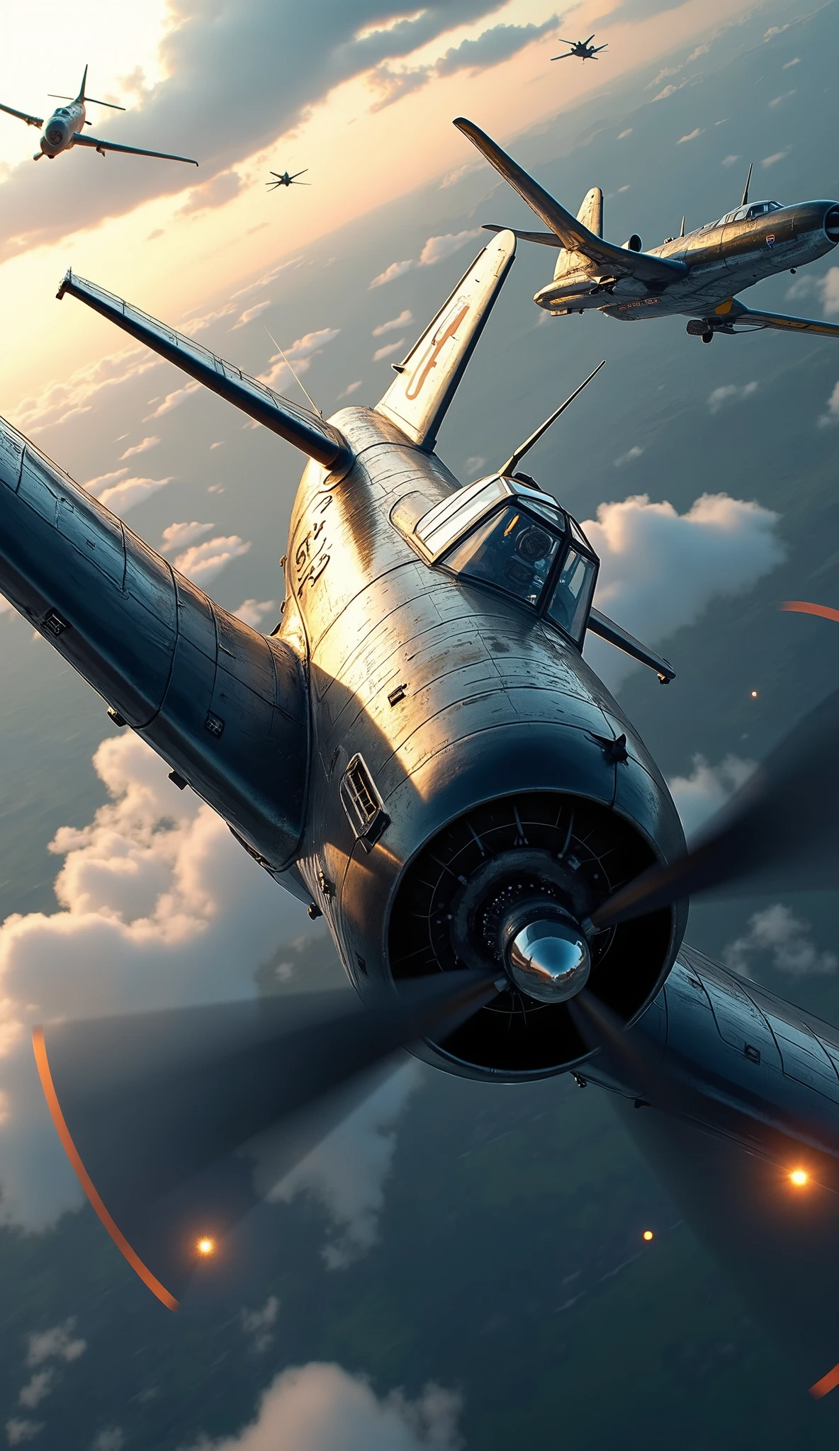 (Reciprocating fighter aerial combat, Highly maneuverable and dynamic), (a highly detailed, hyper-realistic illustration of world war ii aircraft, full cowling), , intricate machinery, complex engineering, detailed weathering, atmospheric lighting, photorealistic, cinematic composition, dramatic lighting, volumetric fog, depth of field, ultra-detailed, masterpiece, 8k, high resolution