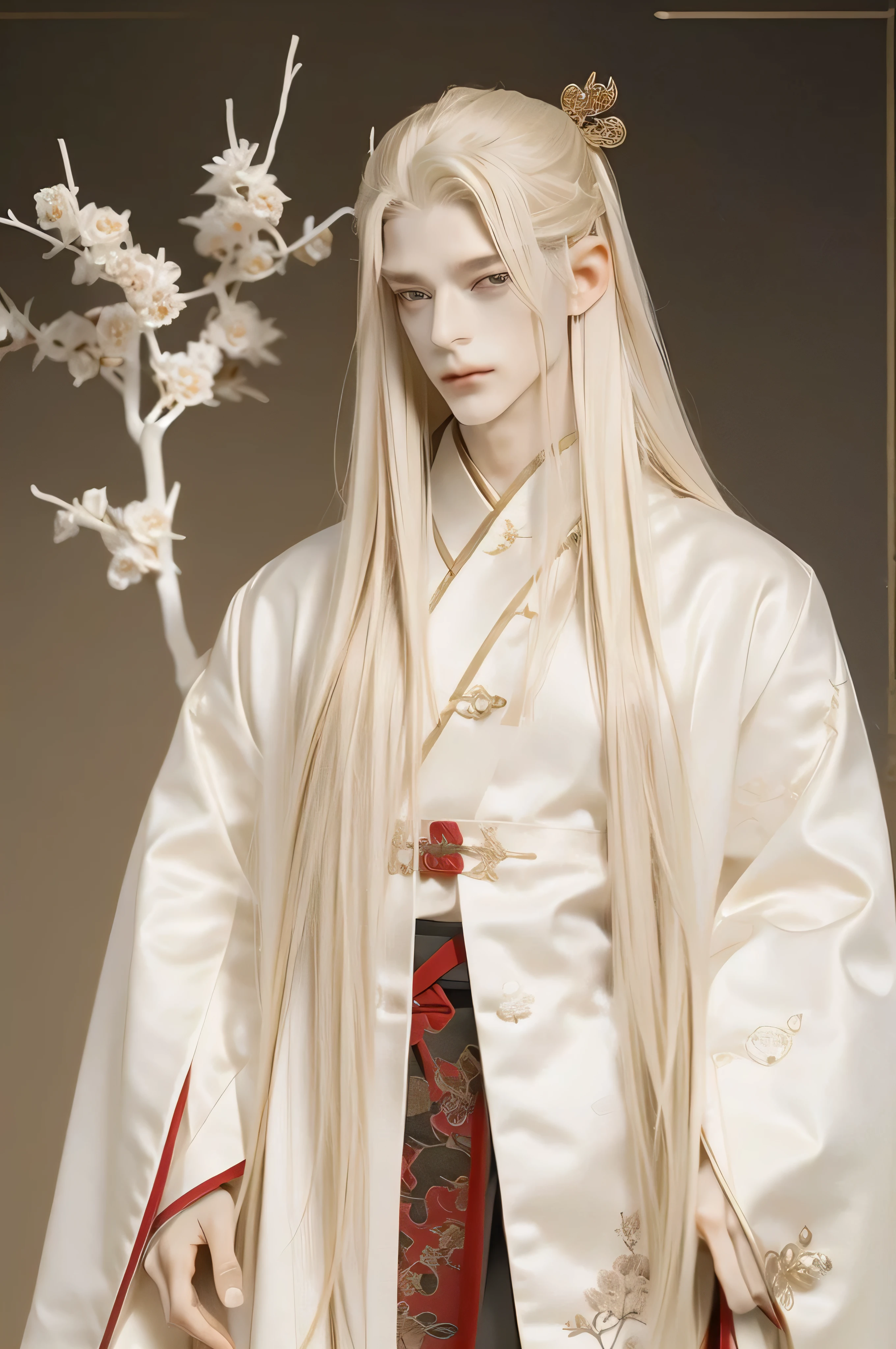 A pretty handsome, delicate, Skinny Male, Very long light blonde hair, bloody red eyes, Slender and thin body, (((Full body))), standing in front of the mountain, Delicate and soft facial features, Soft_light, pointy ears, ((sinister smile)), he's wearing white long chinese hanfu