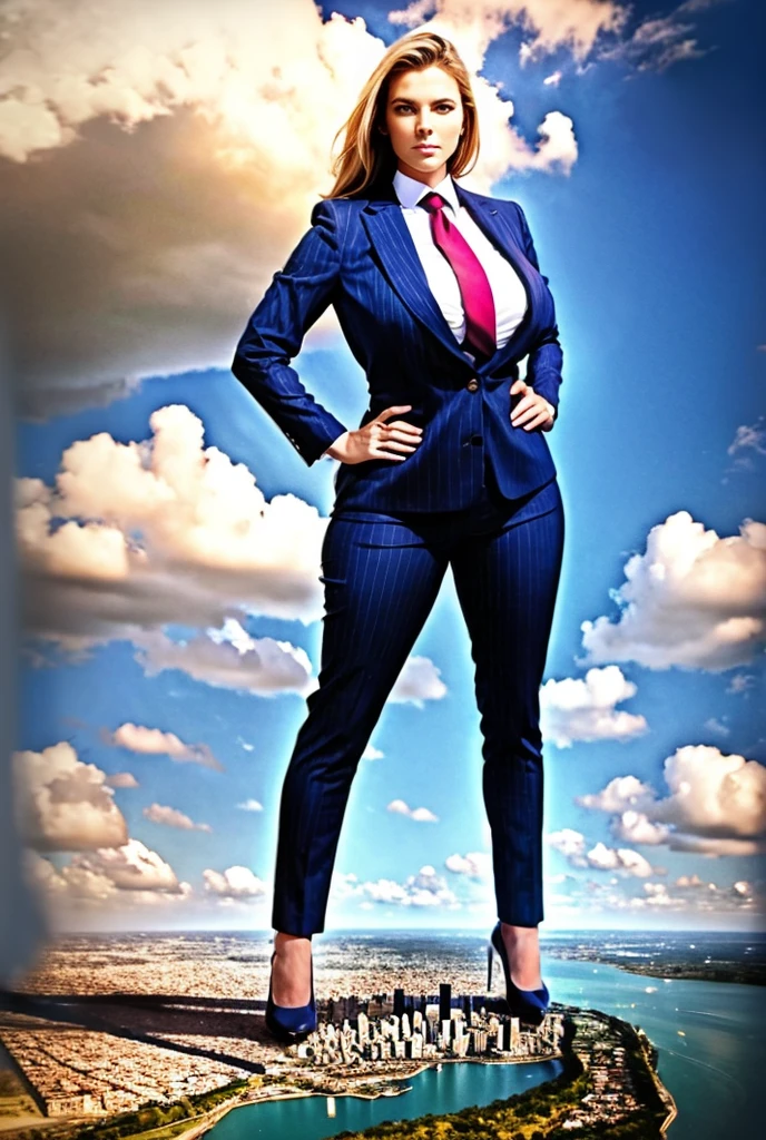 Looking up at the approaching young giantess, Giantess art, 500 miles tall giga giantess, young sophisticated and stylish woman in a light grey italian pinstriped trouser suit, form fitting crisp office shirt, and a large wide yellow necktie in a windsor knot, with a beautiful, curvaceous figure, large natural breasts, and long wavey blonde hair, with a curvaceous figure and massive breasts. wearing blue rounded court high heels with uncovered feet and standing, rampage-like pose, with a city skyscrapers background of mega-city, skyscapers, partially obscured by a hazy, cloudy atmosphere. The image is a high-resolution, masterpiece-quality, cinematic, ultra-detailed, and hyper-photorealistic photograph, with perfect hands, face, and lighting. ultra-detailed, 8K, photo-realistic, hyper-realistic, masterpiece, intricate details, full body view. Looking at camera, The image is a high-resolution, masterpiece-quality, cinematic, ultra-detailed, and hyper-photorealistic photograph, with perfect hands, face, and lighting. ultra-detailed, 8K, photo-realistic, hyper-realistic, masterpiece, intricate details,