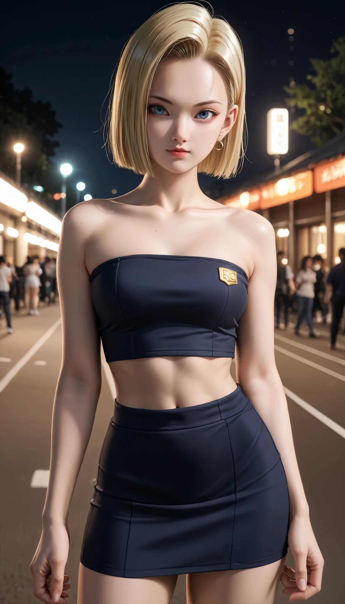 A beautiful -yeld Jaese girl , medium breasts, with healthy appearance , The expression would be , tight clothes , Bold poses , detailed embroidery , high quality, 8k, Realistic photo of 8k , dramatic lighting , vivid colors ,( masterpiece , superior quality , :1.2), ( Tokyo scene night or day ), (Alone:1.4), ( Elegant and cool , ( Confident and relaxed poses :1.3) , ( dynamic lighting , Strong contrast ) , Dragon Ball anime character ANDROID 18 , blonde , Sensual, tight skirt light blue color just right , Tube top, belly out ,. tennis,.