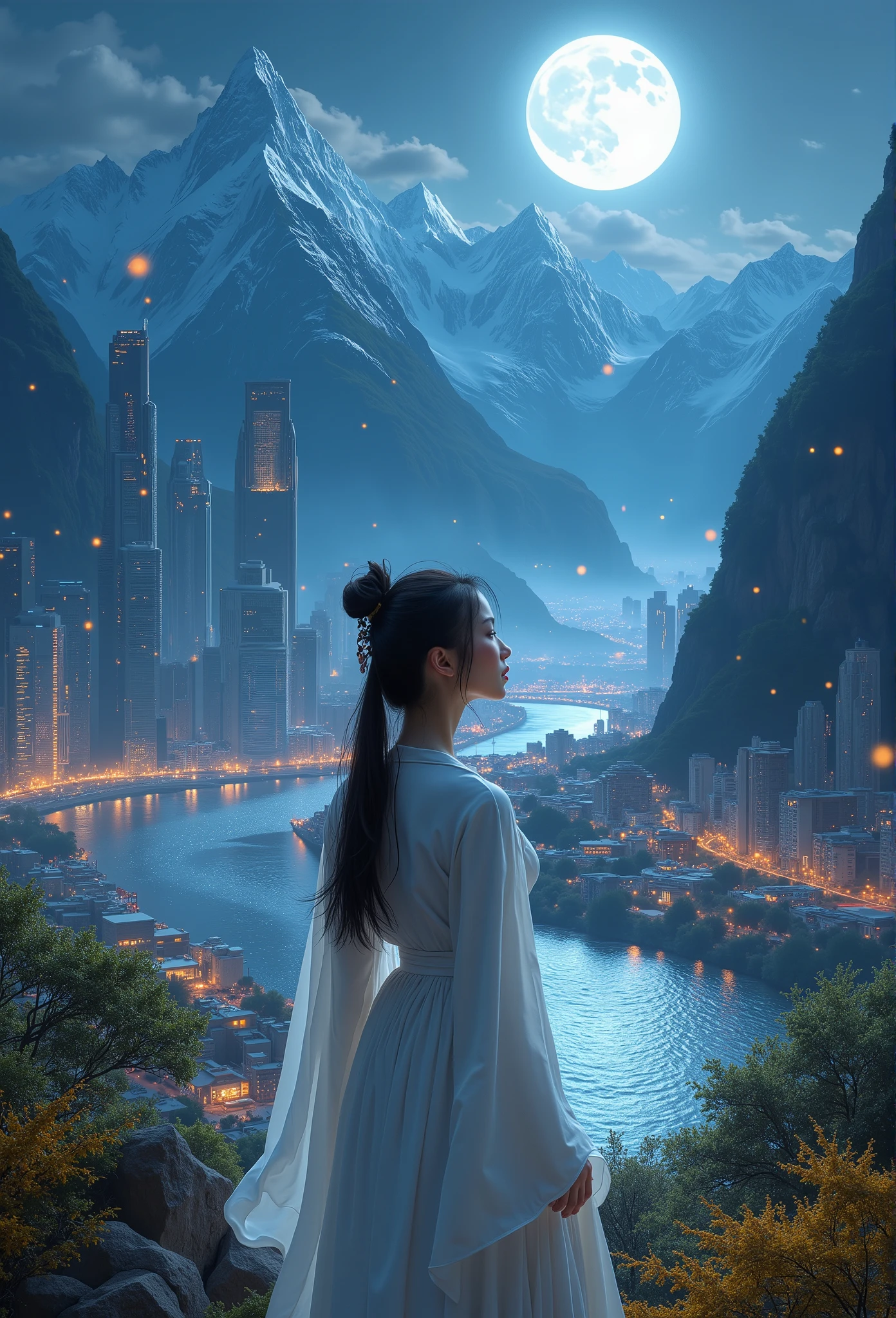 best quality, 4k, 8k, highres, masterpiece:1.2, ultra-detailed, realistic, photorealistic, photo-realistic:1.37, 1girl, extremely detailed face, (upper body:1.6), cyberpunk city, mountains and river, night, fireflies, realistic, highly detailed, (white hanfu:1.2), (beautiful body:1.4)