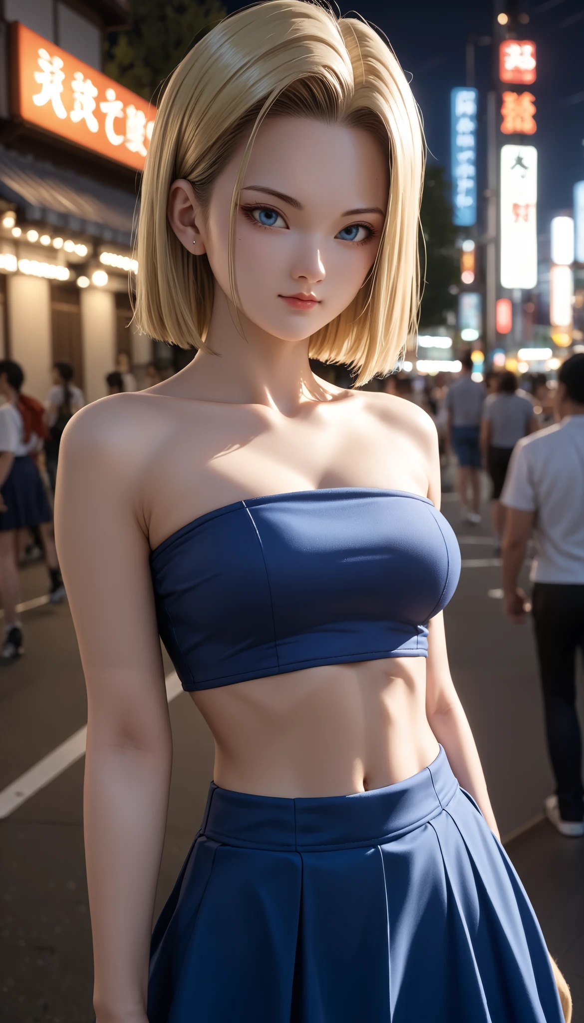 A beautiful -yeld Jaese girl , medium breasts, with healthy appearance , The expression would be , tight clothes , Bold poses , detailed embroidery , high quality, 8k, Realistic photo of 8k , dramatic lighting , vivid colors ,( masterpiece , superior quality , :1.2), ( Tokyo scene night or day ), (Alone:1.4), ( Elegant and cool , ( Confident and relaxed poses :1.3) , ( dynamic lighting , Strong contrast ) , Dragon Ball anime character ANDROID 18 , blonde , Sensual, tight skirt light blue color just right , Tube top, belly out ,. tennis,.