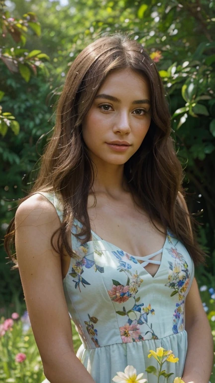 A photorealistic portrait of a 20-year-old female Instagram influencer with flowing brown hair styled in loose waves. She's wearing a vintage-inspired floral print sundress and a wide-brimmed floppy hat, exuding a carefree summer vibe. She sits against a backdrop of pastel-colored houses and blooming gardens, sunlight dappling through the leaves and casting a warm glow. The overall mood is nostalgic and charming, reminiscent of old movies and carefree days.