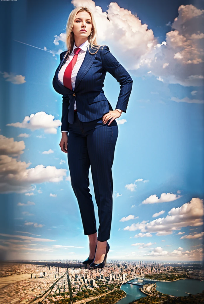 Looking up at the approaching young giantess, Giantess art, 500 miles tall giga giantess, young sophisticated and stylish woman in a light grey italian pinstriped trouser suit, form fitting crisp office shirt, and a large wide yellow necktie in a windsor knot, with a beautiful, curvaceous figure, large natural breasts, and long wavey blonde hair, with a curvaceous figure and massive breasts. wearing blue rounded court high heels with uncovered feet and standing, rampage-like pose, with a city skyscrapers background of mega-city, skyscapers, partially obscured by a hazy, cloudy atmosphere. The image is a high-resolution, masterpiece-quality, cinematic, ultra-detailed, and hyper-photorealistic photograph, with perfect hands, face, and lighting. ultra-detailed, 8K, photo-realistic, hyper-realistic, masterpiece, intricate details, full body view. Looking at camera, The image is a high-resolution, masterpiece-quality, cinematic, ultra-detailed, and hyper-photorealistic photograph, with perfect hands, face, and lighting. ultra-detailed, 8K, photo-realistic, hyper-realistic, masterpiece, intricate details,