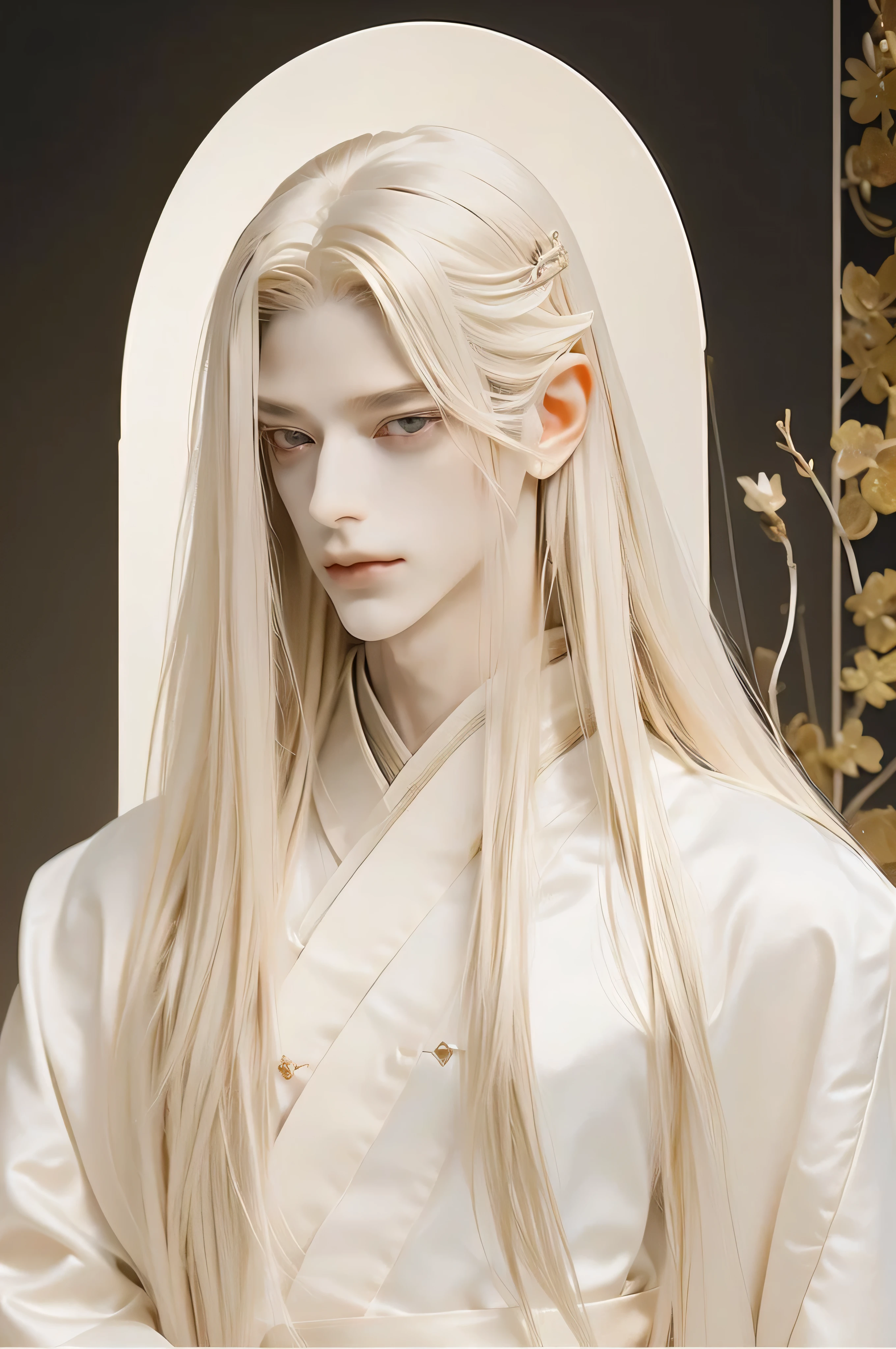 A pretty handsome, delicate, Skinny Male, Very long light blonde hair, bloody red eyes, Slender and thin body, (((Full body))), standing in front of the mountain, Delicate and soft facial features, Soft_light, pointy ears, ((sinister grin on his face)), he's wearing white long chinese hanfu