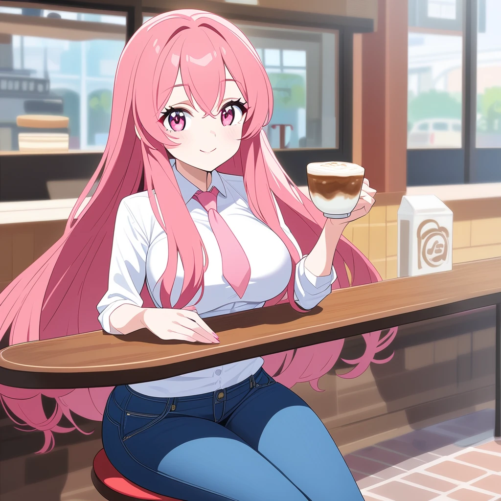 an anime girl, with long pink hair, vibrant pink eyes, fair skin, with large breasts, thin waist, wide hips, sitting at a table in a cafe, drinking a cappuccino, she is dressed in a white shirt, a pink tie and jeans black, with a friendly and smiling expression.