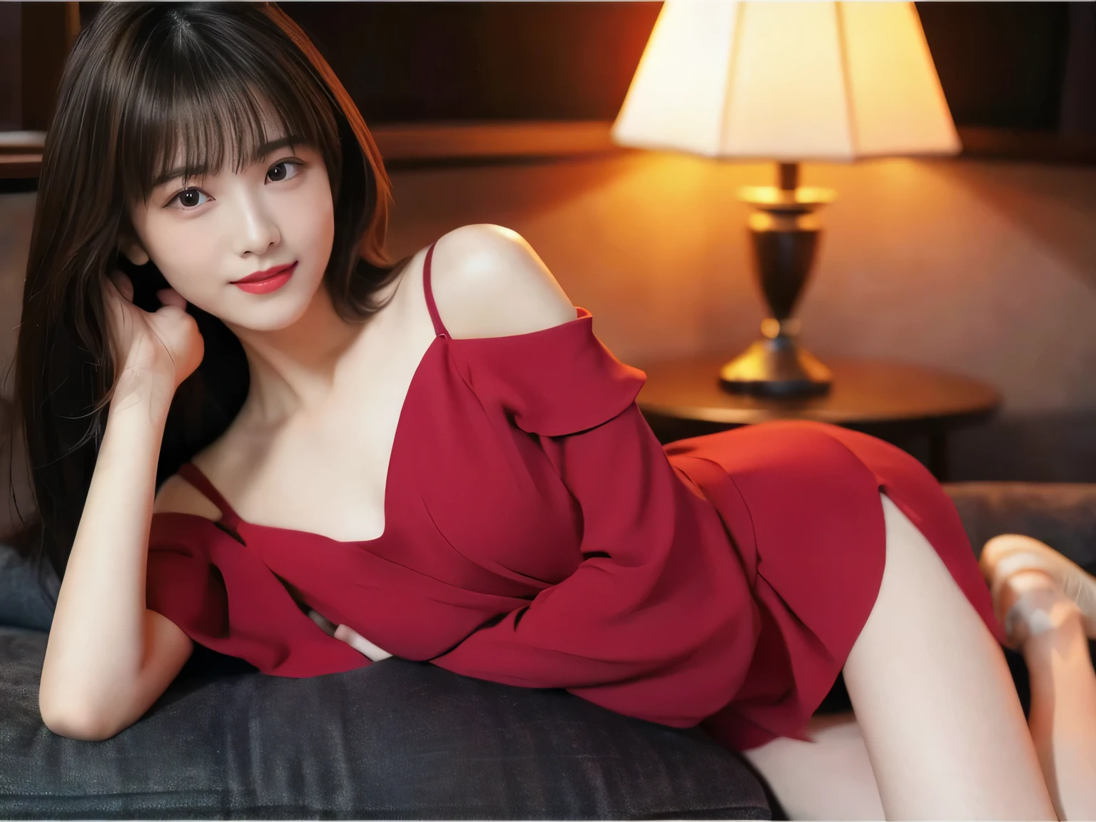masterpiece, 1 woman per 1photo, full body shot, front view, a Japanese young pretty woman, hyper pretty face, 18 years old, shoulder length hair, sitting on a silk bed with a big smile, wearing only a sleeveless silky satin red chemise with black laces, busty, wet body, glossy lips, glamorous figure, silk pillow, silk bed sheets, double eyelids in both eyes, natural makeup, long eyelashes, shiny smooth light brown hair, asymmetrical bangs, fair skin, central image, 8K resolution, high detail, detailed hairstyle, detailed face, spectacular cinematic lighting, octane rendering, vibrant, hyper realistic, perfect limbs, perfect anatomy
