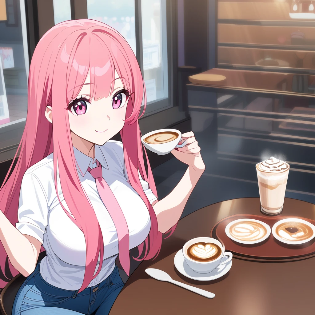 an anime girl, with long pink hair, vibrant pink eyes, fair skin, with large breasts, thin waist, wide hips, sitting at a table in a cafe, drinking a cappuccino, she is dressed in a white shirt, a pink tie and jeans black, with a friendly, cute and smiling expression.