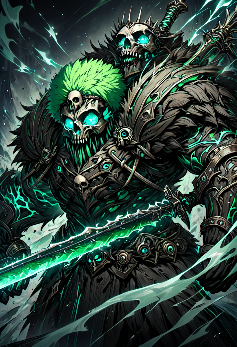 a skull being that is physically strong but has no muscles and only bones, carrying a barbarian's sword, bright green afro hair, noble clothing with barbarian features, 8k high definition