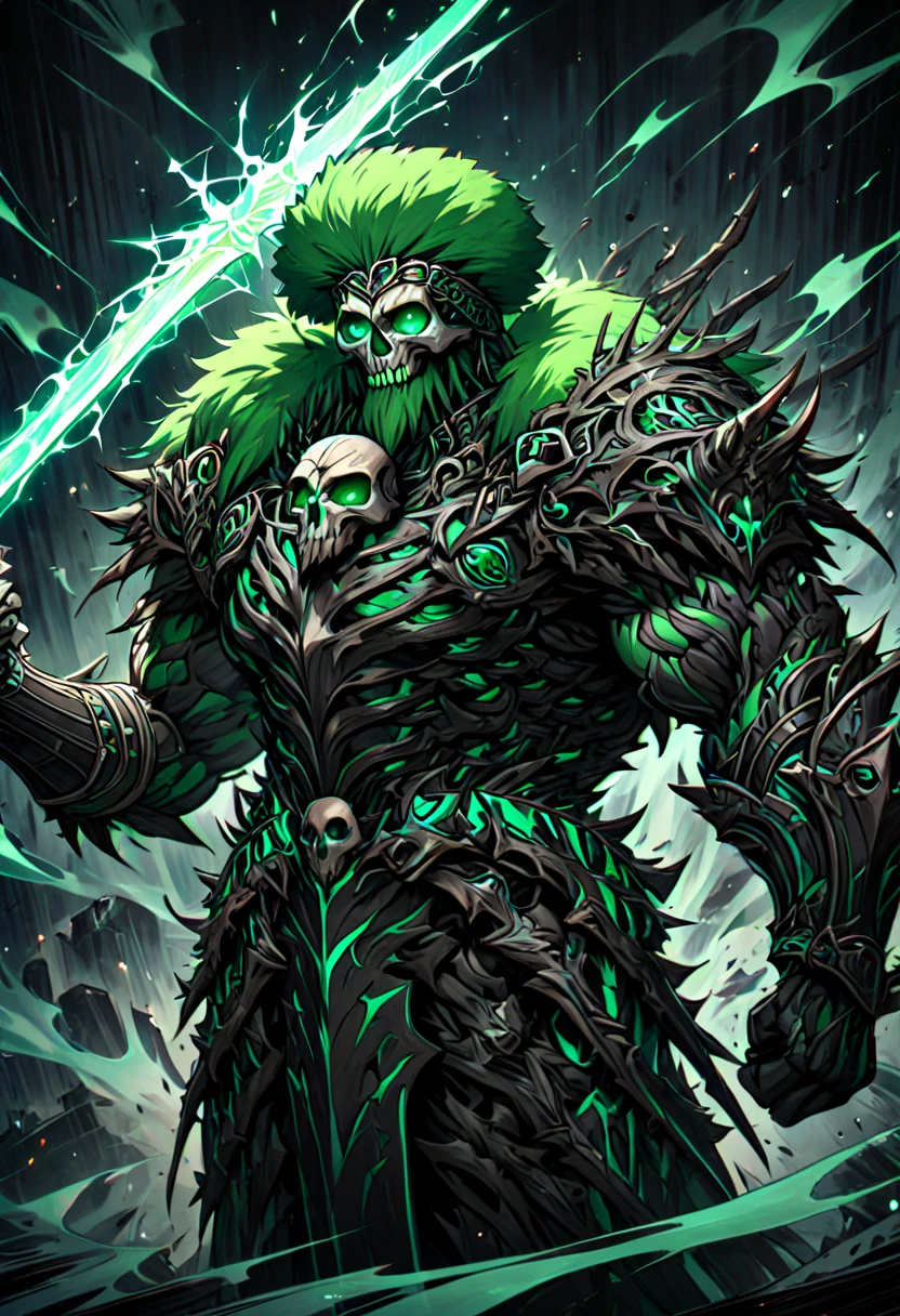 a skull being that is physically strong but has no muscles and only bones, carrying a barbarian's sword, bright green afro hair, noble clothing with barbarian features, 8k high definition