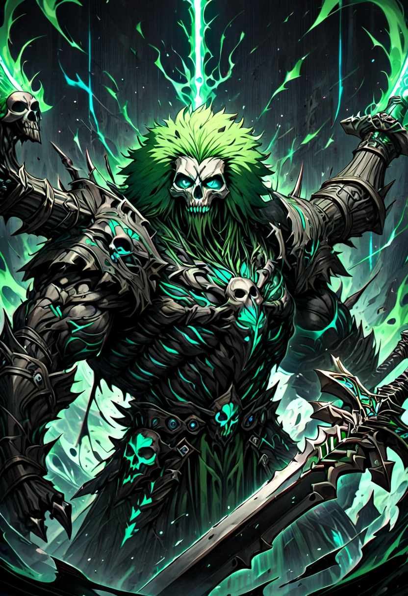 a skull being that is physically strong but has no muscles and only bones, carrying a barbarian's sword, bright green afro hair, noble clothing with barbarian features, 8k high definition