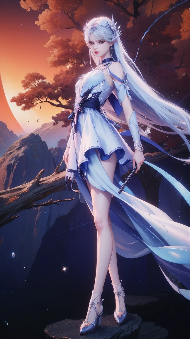 (masterpiece),(best quality:1.5),8k,absurdres,highres,
Thone of seal, cai'er, 1girl, solo, long hair, looking at viewer, blue eyes, hair ornament, dress, closed mouth, blue hair, upper body, white hair, outdoors, sky, white dress, tree, blue sky, blue dress, detail eyes, ferpect eyes, realistic eyes, (full body:1.3),