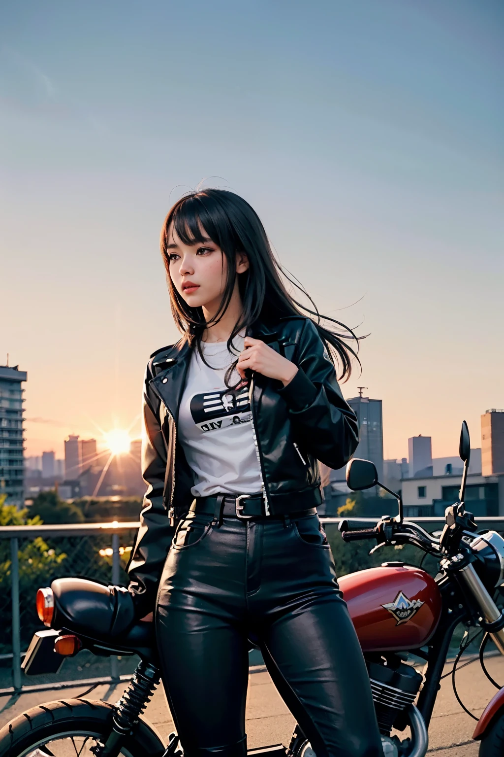 ((top-quality)), ((​masterpiece)), (high-detail:1.3), 。.。.。.3D, Beautiful fece (cyberpunked:1.3), Stylish woman wearing black leather clothes and looking at camera,On patrol,guns, Batons, Martial arts, Martial arts?,daytime or sunset sky or predawn dusk or dawn sunrise,サングラスとBeautiful fece目,Korean Beauty,A harsh look at evil,Near Future City,Small breasts, Small waste,Standing at street,Riding the latest big bike,Super large motorcycle with a total displacement of 1500cc or more,A bike several times the size of a person&#39;Body of,The motorcycle is a large Harley Davidson.,