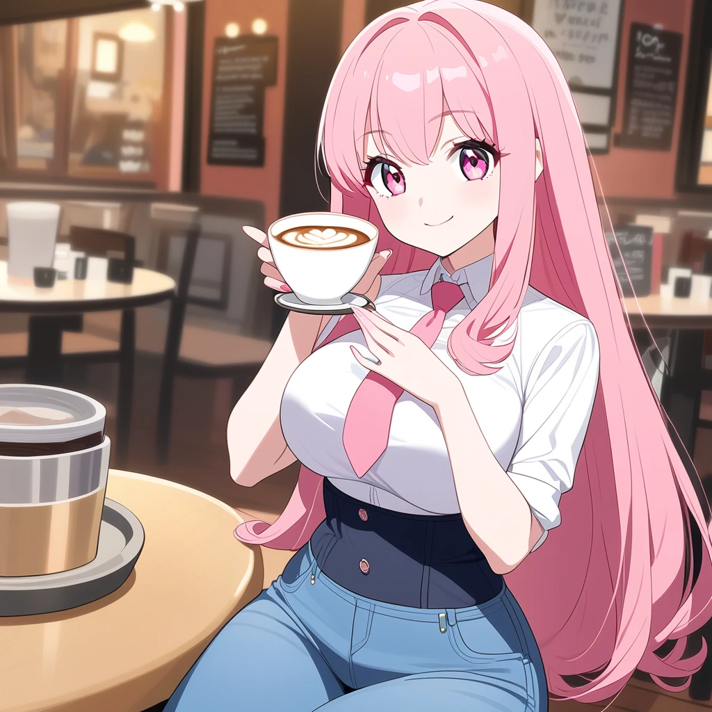 an anime girl, with long pink hair, vibrant pink eyes, fair skin, with large breasts, thin waist, wide hips, sitting at a table in a cafe, drinking junt one cappuccino, she is dressed in a white shirt, a pink tie and jeans black, with a friendly and smiling expression.