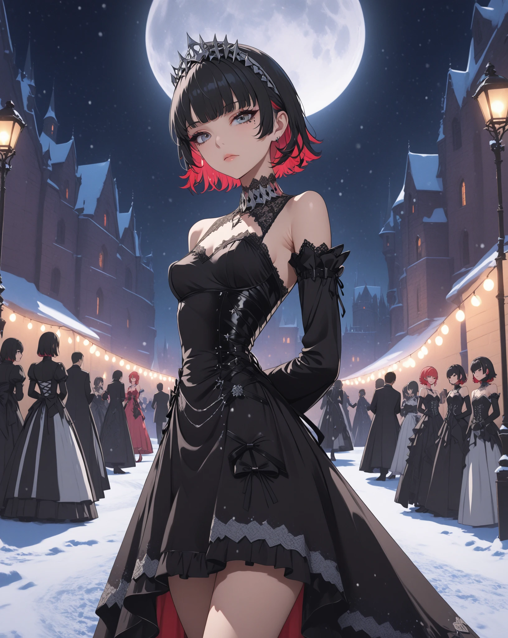 score_9, score_8_up, score_9_up, 1girl, source_anime, close up photo,  beautiful face, ellenjoe, night, passionless,  closed mouth, ellen joe, black hair, moonlight, party, night. winter,  party, sideboobs, fantasy party, fantasy night dress, night party, snow, sexy body, very small breasts,  colored inner hair, multicolored hair, grey eyes, total black outfit, dark place, dancing alone, sadistic eyes, red hair,  shoes pumps black, short hair,  two-tone hair, shoulders covered, shoulders covered by the dress, not loooking at the viewer, winter long dress, dance long dress, gothic dress, winter dress, cozy dress, ghotic lolita dress, sideboobs, ghotic dress, lace black dress, winter dress, cozy dress, covered shoulders, black dance dress, ghotic skirt, silver corset, dress for dancing, winter sleeves, glitter in the corset, shoulders covered by sleeves, long sleeves, long shirt, black corset with silver decorations, gala elegant dress, winter dress, elegant dress, long skirt dress, night, arms behind her back, lace collar, sexy body,  small breasts, two-tone hair,  beautiful eyes, beautiful legs, sexy legs, solo, fantasy world, night, beautiful eyes