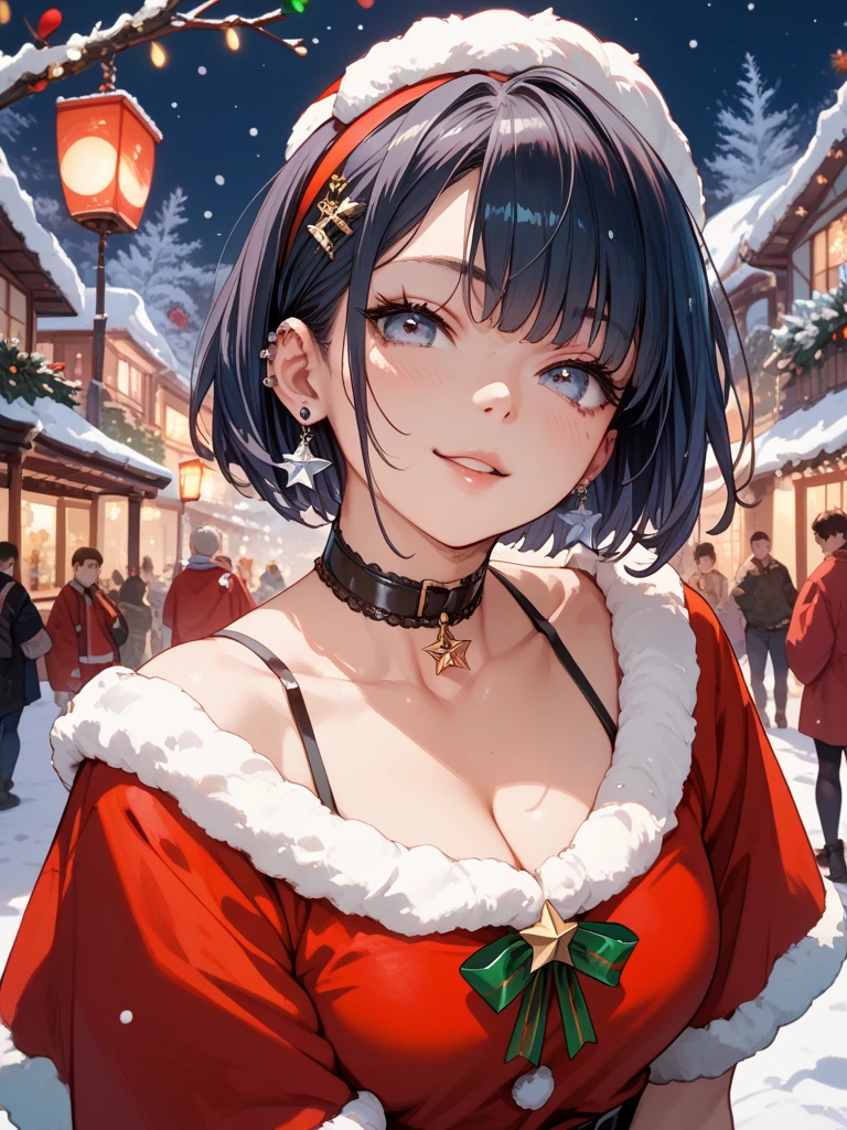 (((Gorgeous Christmas illuminations on street trees:1.3))),christmas tree night lighting,(((Wallpaper of two women enjoying Santa Claus cosplay and cute reindeer cosplay:1.3))),a miniskirt,(The white part of the costume looks like fluffy snow,The red part is made of luxurious velvet material.).off shoulder with sleeves,(Emphasis on large breasts:1.3),(Short hair with shiny silver and orange stripes,Ponytail twisted buns adorned with elaborate braids and beads,Braided Setup Fishbone Hair,),(Bangs are see-through bangs),with round face,An attractive woman with a natural smile and charming expression,Transparent skin,(The 8k quality,masutepiece,top-quality,Ultra-high resolution output image,),(Highly detailed raw photos:1.3),(Image Mode Ultra HD),