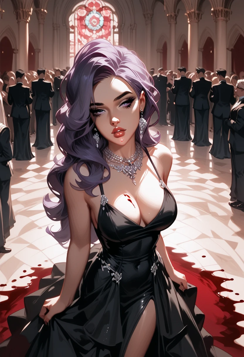  score_9,  score_8_above,  score_7_above,  source  _animated, arrogant,girl, very elegant, expressive eyes, Nostalgic girl,  semi-transparent dress,  black dress , in a palace, dramatic light (dramatic light),  thick hair,  purple hair, ,delicate woman, dark people dancing in the background, Dark atmosphere, mysterious, spilled blood.