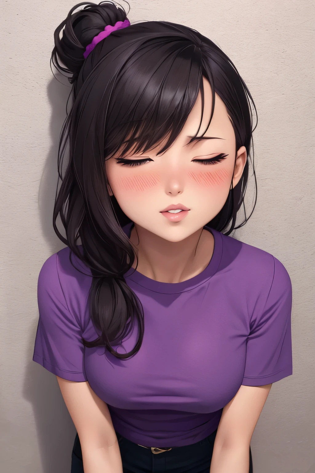 a short sexy woman wearing purple t shirt and black tracks, pinned against the wall, eyes closed, lips parted, blushing intensely, ready to kiss