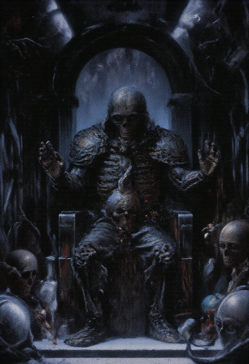 there is a painting of a man in armor sitting on a throne, berserk skullknight black armor, in style the demon seated, old - school dark fantasy art, the king of death, brom art, d & d lich, dwayne barlowe, skeleton king, lich, the harbringer of death, lich vecna (d&d)