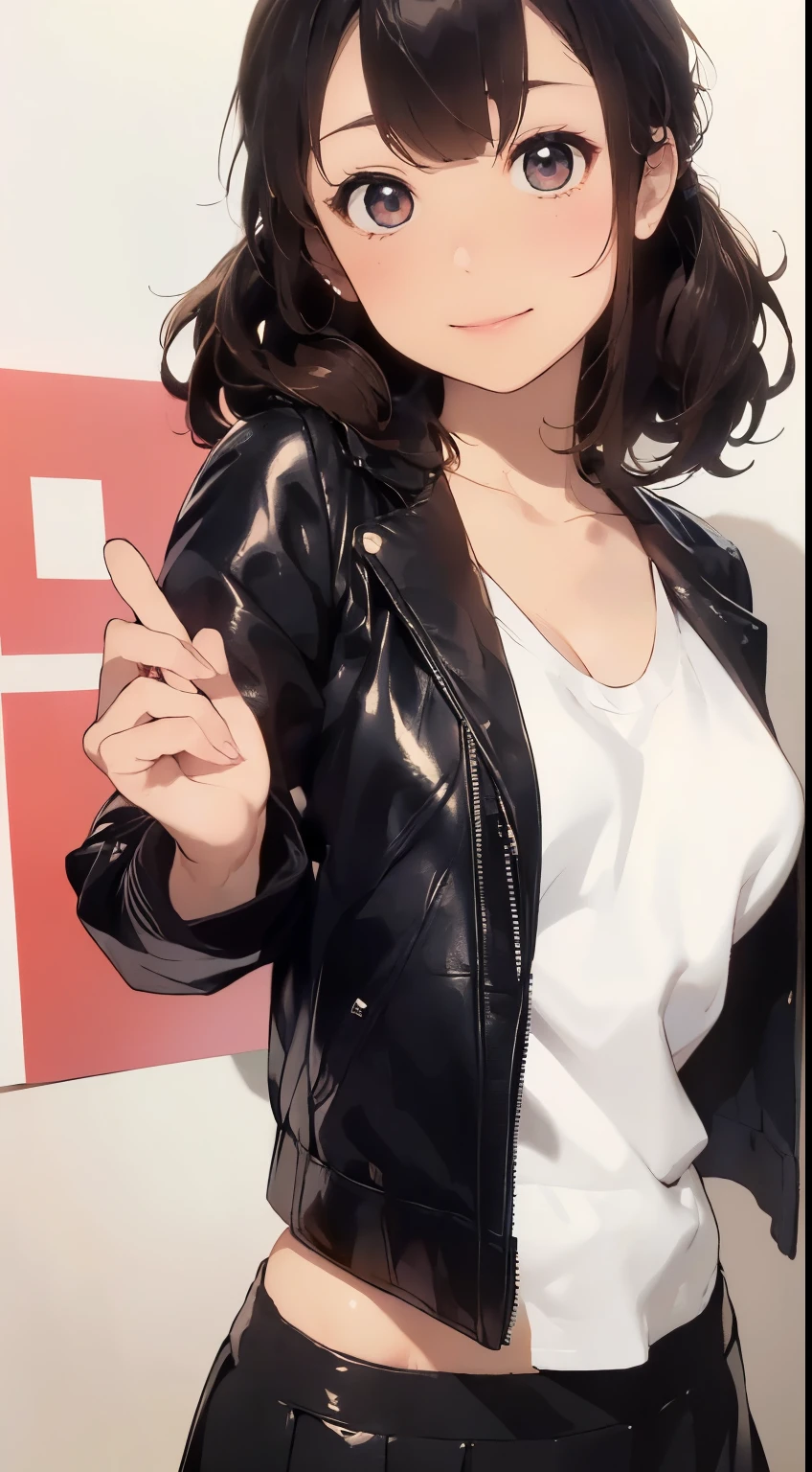 (masterpiece:1.2),8k, beautiful, high quality,

(Flat Illustration Art:1.2), (poster art:1.2),

Cute tanned girl, ((MEGUMI)), rock musician, 

curly hair, blue eyes, blond hair, 
(makeup lipstick eyeliner mascara eyeshadow:1.1) dark skin, Mole under the eye, Rings, Necklaces, (shaking breasts:1.5),
(High school girl:1.3),  long hair,  ponytail, Laughter, ((Feminine charm, Pervert girl)), (Cleavage between breasts:1.1), (Uniform of black leather jacket and check mini skirt:1.5), Full body photo, ((gray background:1.5)),