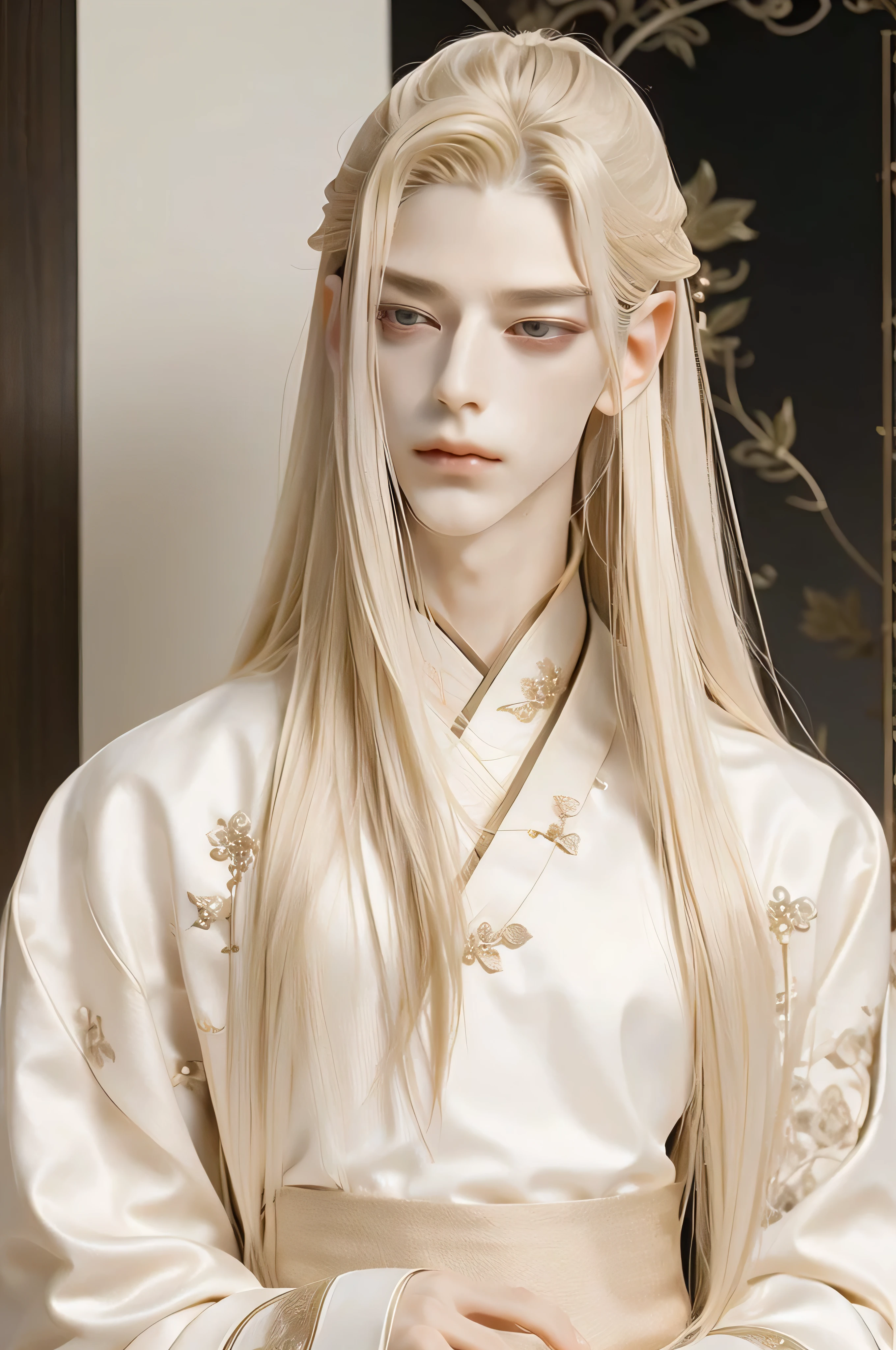 A pretty handsome, delicate, Skinny Male, Very long light blonde hair, bloody red eyes, Slender and thin body, (((Full body))), standing in front of the mountain, Delicate and soft facial features, Soft_light, pointy ears, ((sinister grin on his face)), he's wearing white long chinese hanfu, proud prince